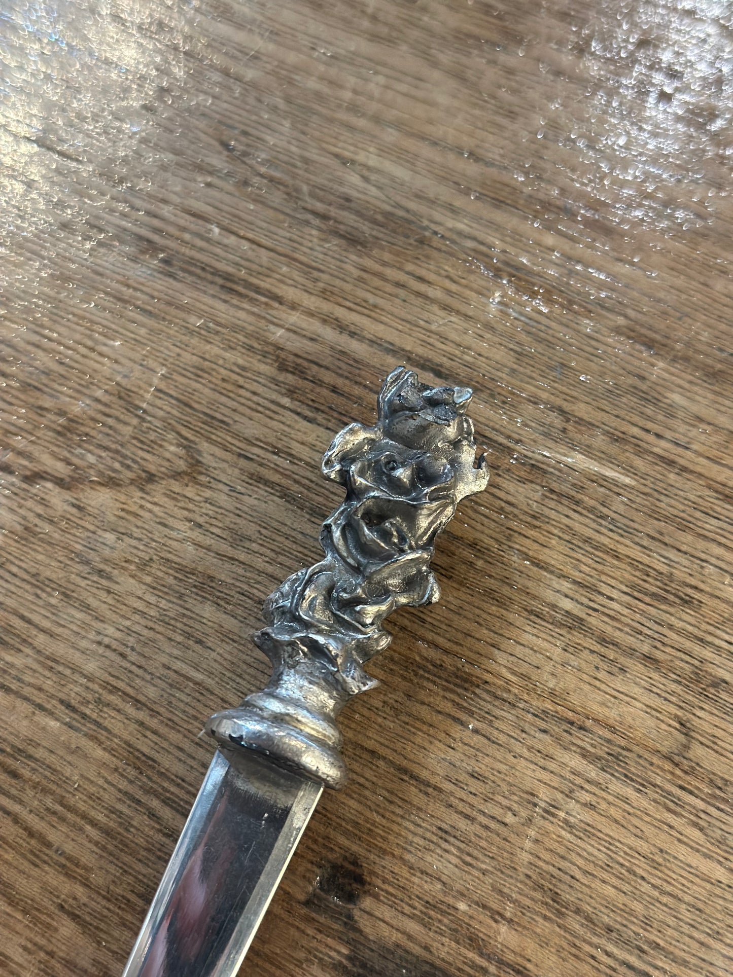 Antique Silver Plated Brass Letter Opener | Ornate Figural Cherub Handle Desk Accessory c. 1900s