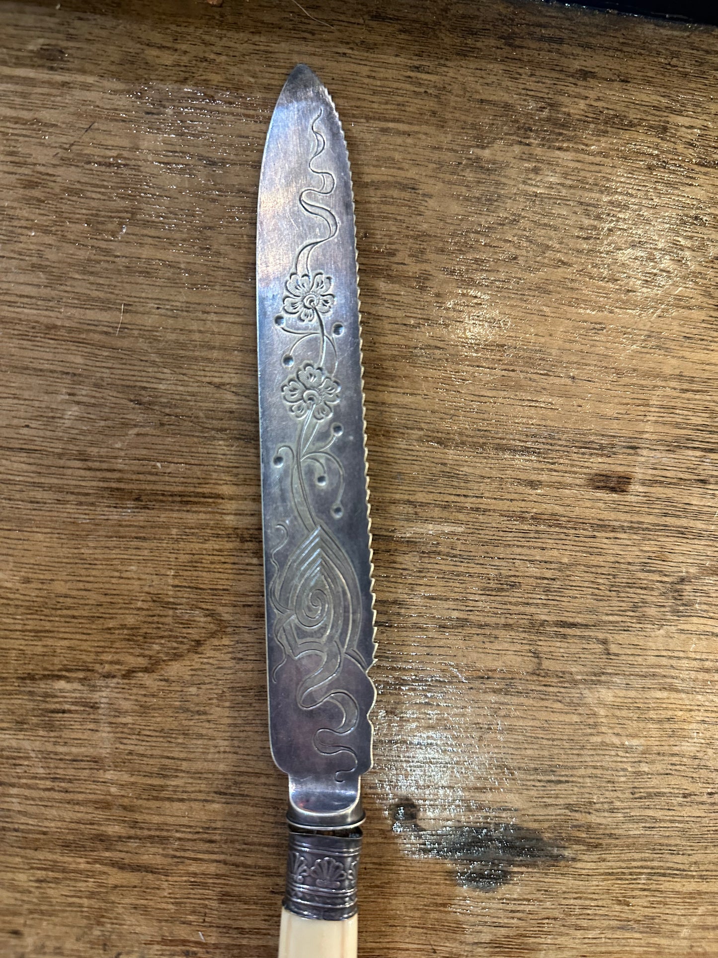 Antique Art Nouveau Silver Plated Tea & Melon Knife | Etched Floral Blade & Ivorine Handle c.1910