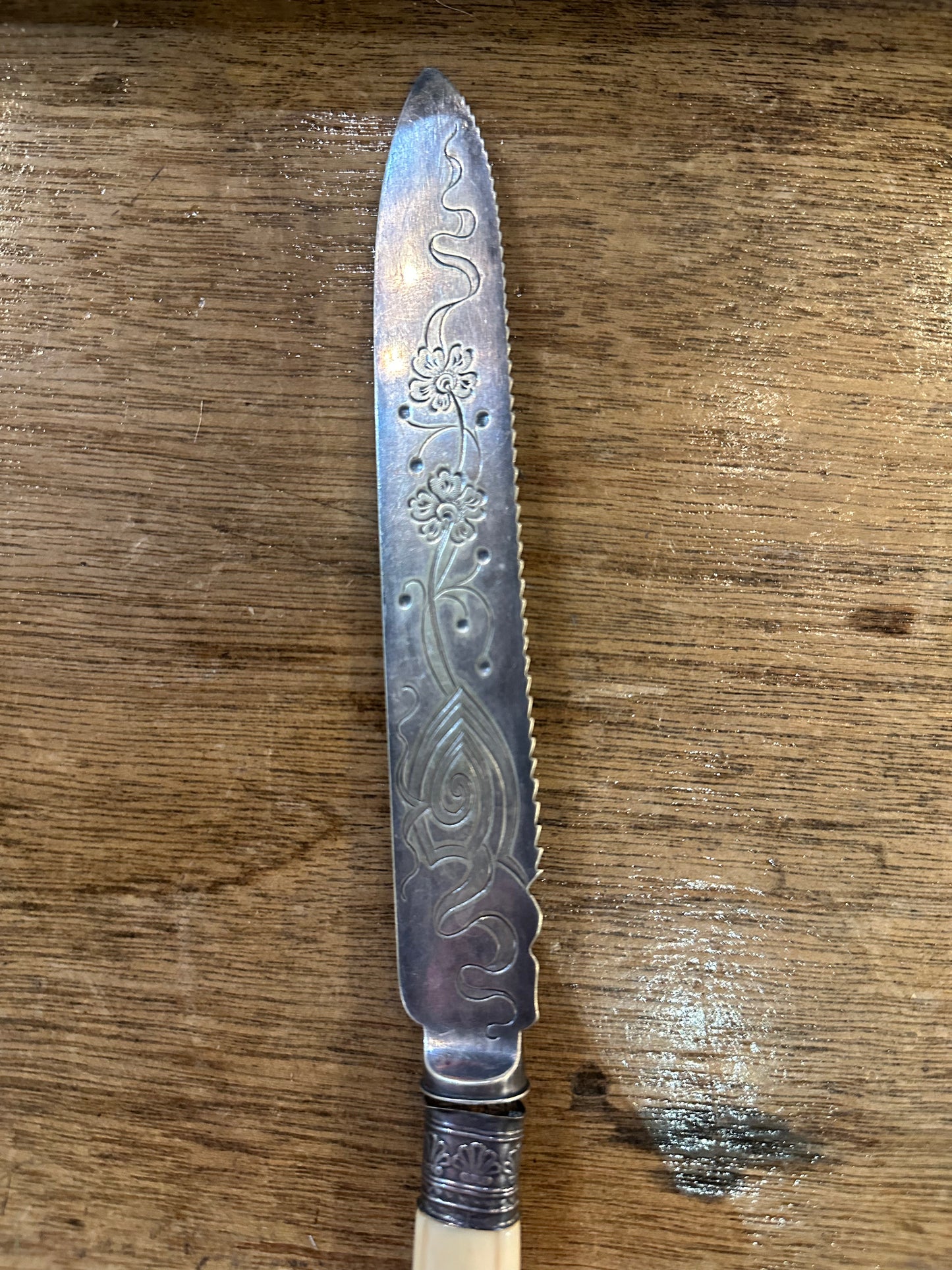 Antique Art Nouveau Silver Plated Tea & Melon Knife | Etched Floral Blade & Ivorine Handle c.1910