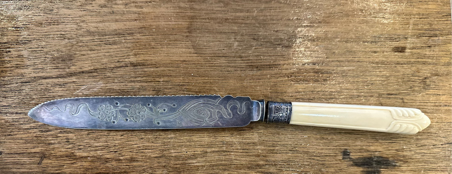 Antique Art Nouveau Silver Plated Tea & Melon Knife | Etched Floral Blade & Ivorine Handle c.1910