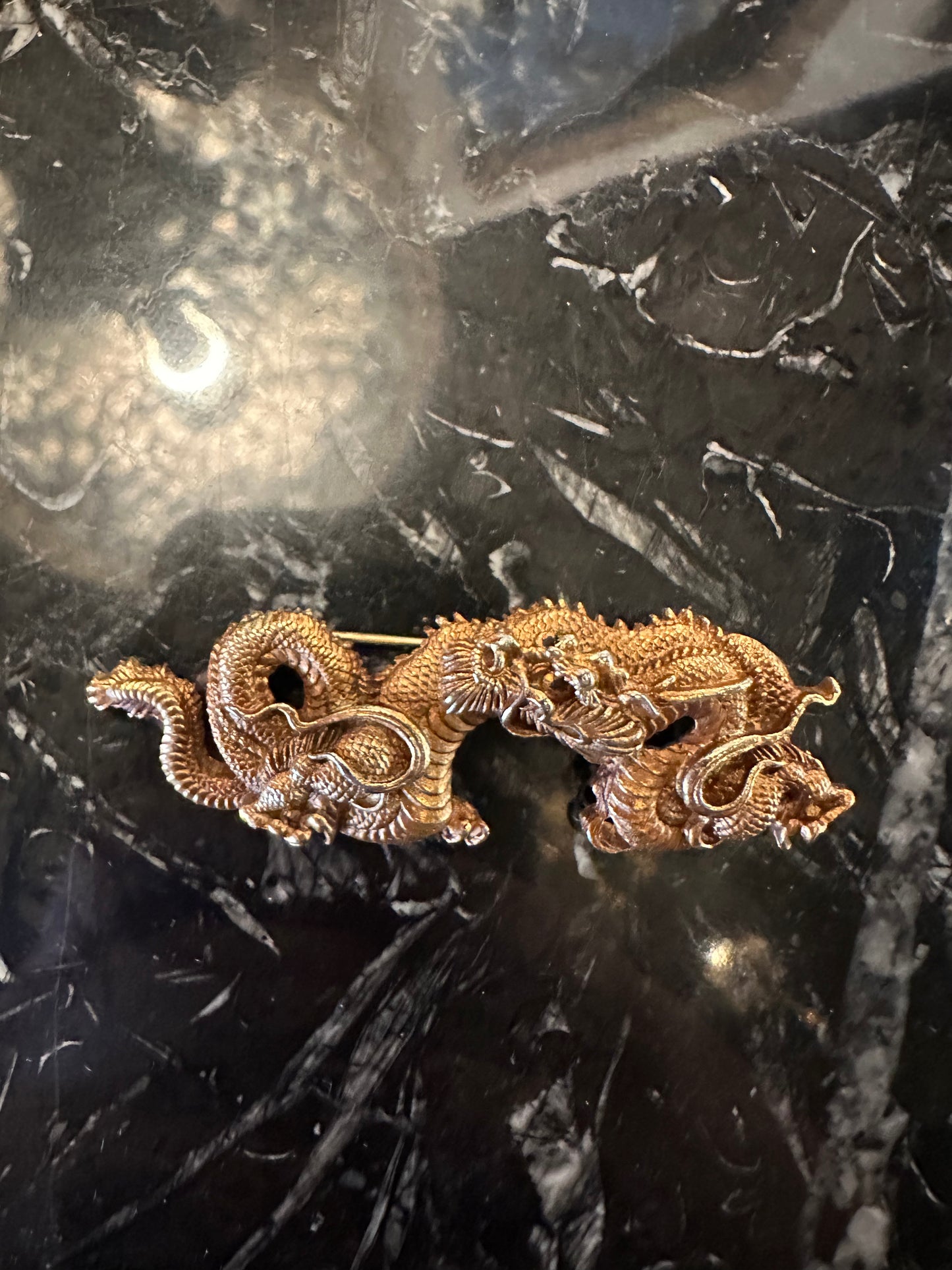 Vintage Alva Museum Replicas Gold Dragon Menuki Brooch | Mid-Century Ancient Chinese Japanese Revival Pin