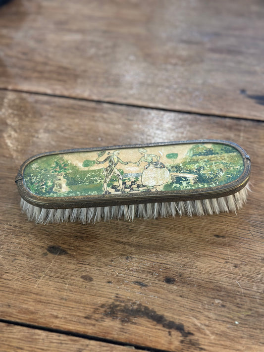 Vintage Art Deco Brass Clothes Brush with Crinoline Lady Pastoral Scene