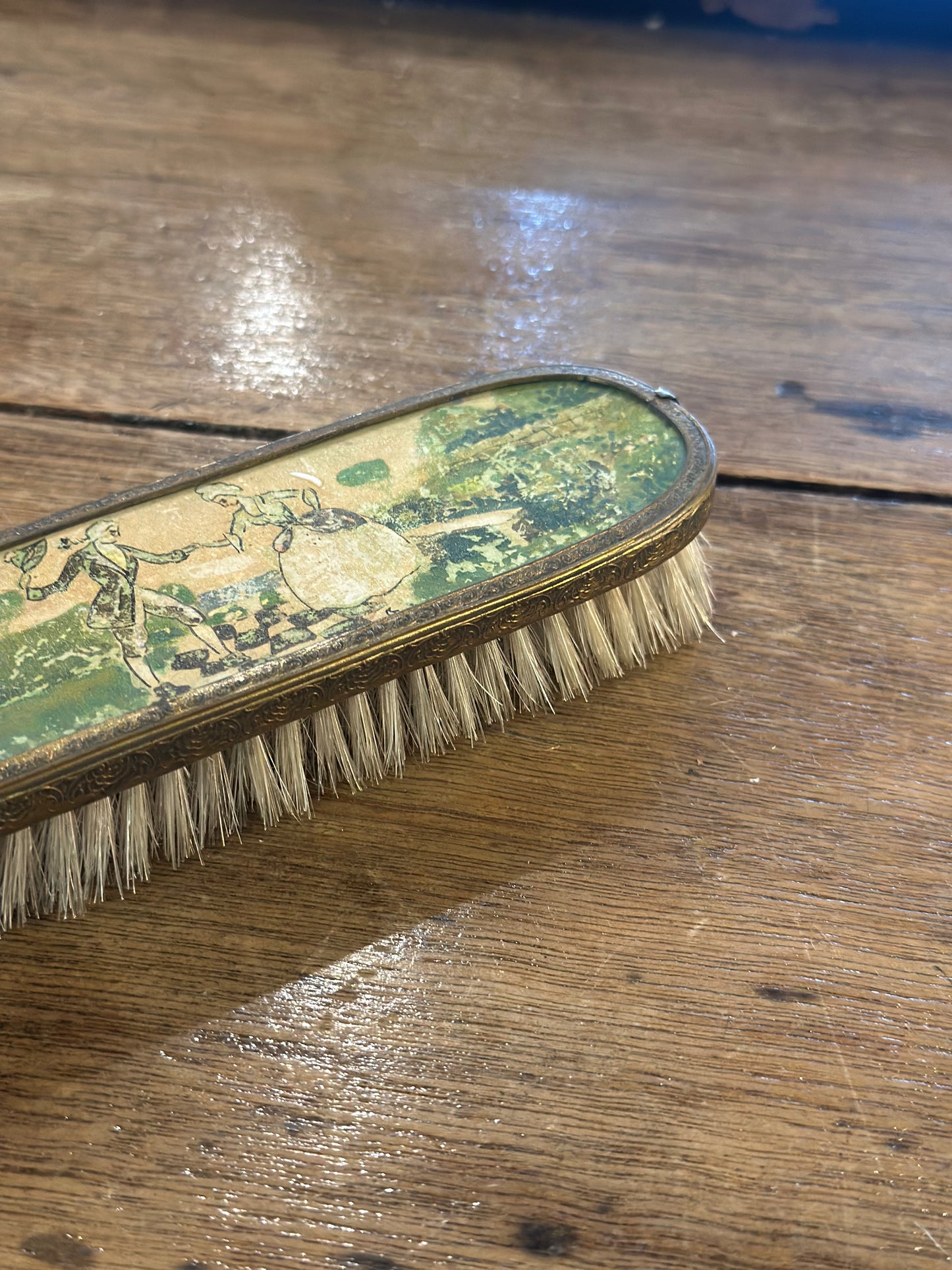 Vintage Art Deco Brass Clothes Brush with Crinoline Lady Pastoral Scene