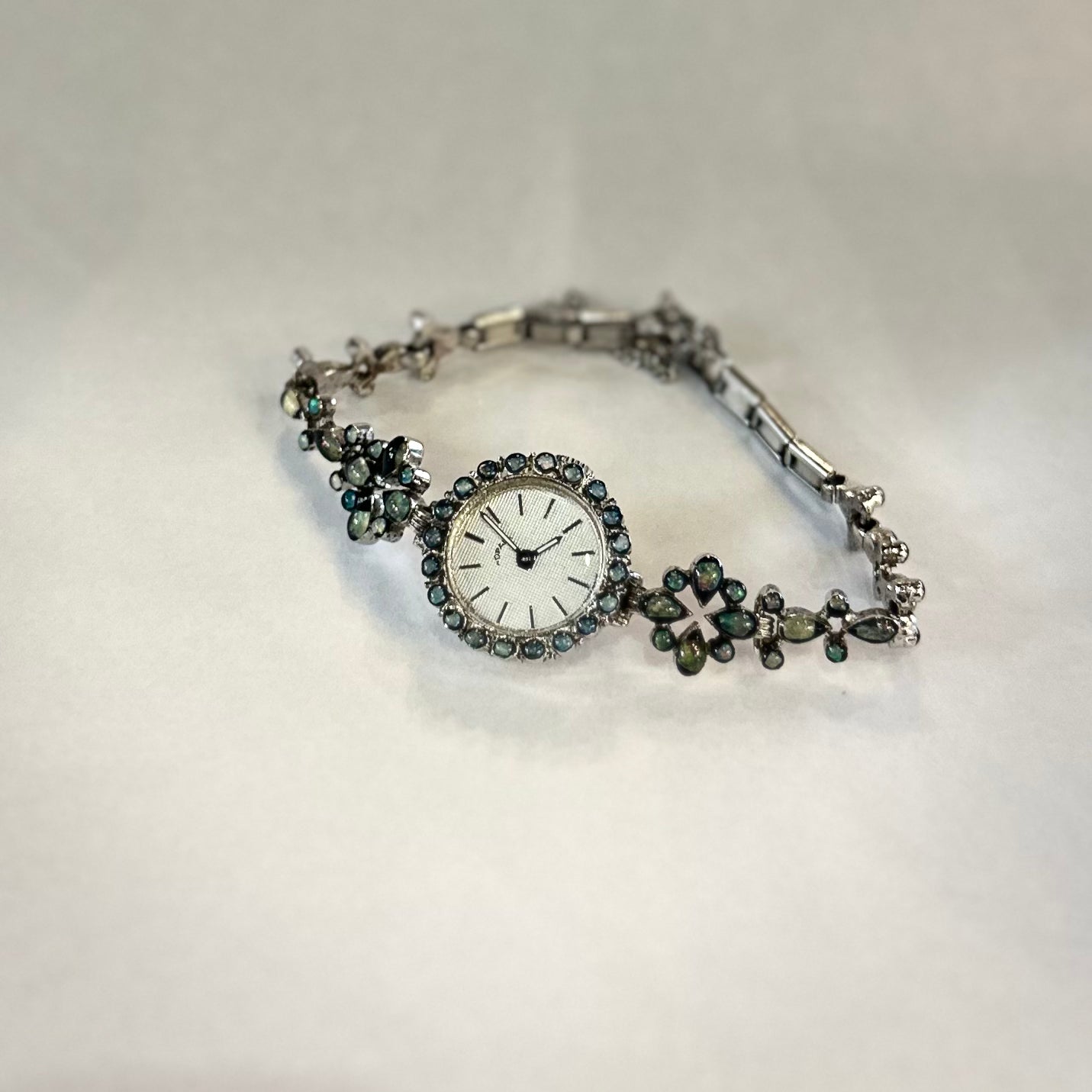 Vintage Jovial Swiss Made Mechanical Opal Cocktail Watch - Silver Tone Filigree Bracelet