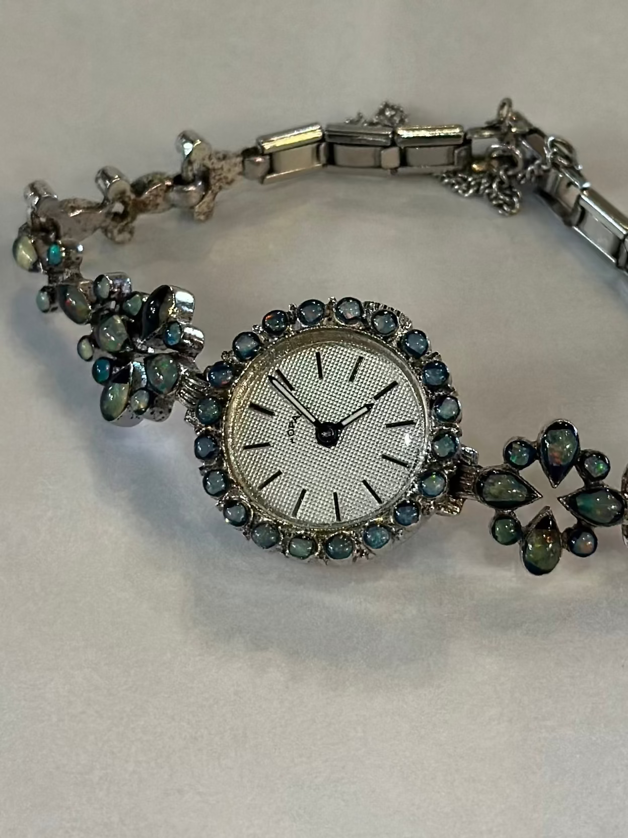 Vintage Jovial Swiss Made Mechanical Opal Cocktail Watch - Silver Tone Filigree Bracelet