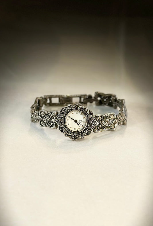 Vintage Style Marcasite Silver Tone Quartz Cocktail Watch