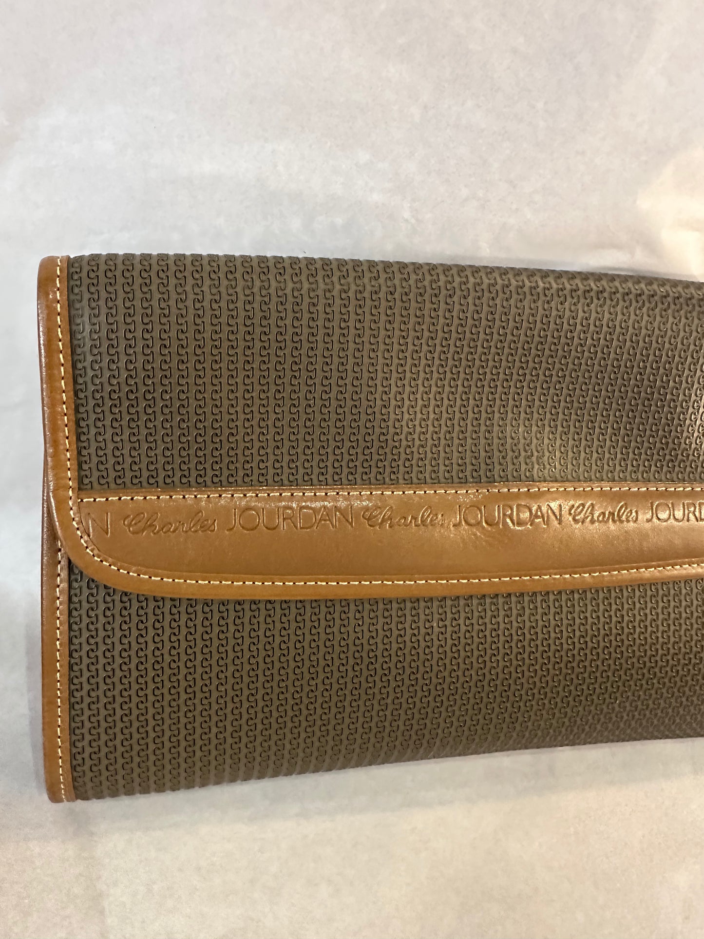 Vintage Charles Jourdan Paris Textured Monogram Purse Clutch – Brown Leather Trim