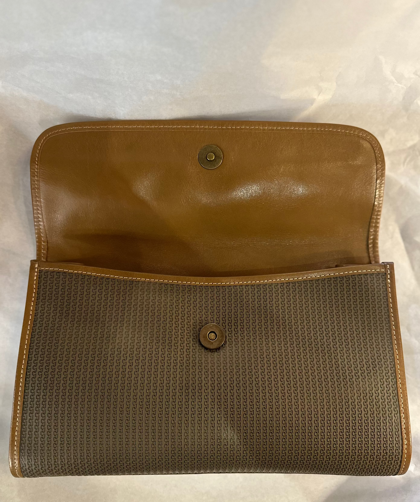 Vintage Charles Jourdan Paris Textured Monogram Purse Clutch – Brown Leather Trim