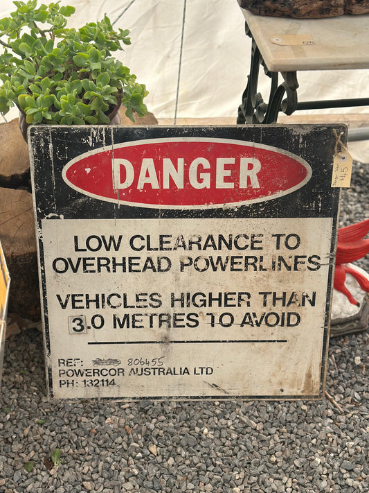 Vintage Powercor Australia Danger Sign - Low Clearance Overhead Powerlines Metal Industrial Sign