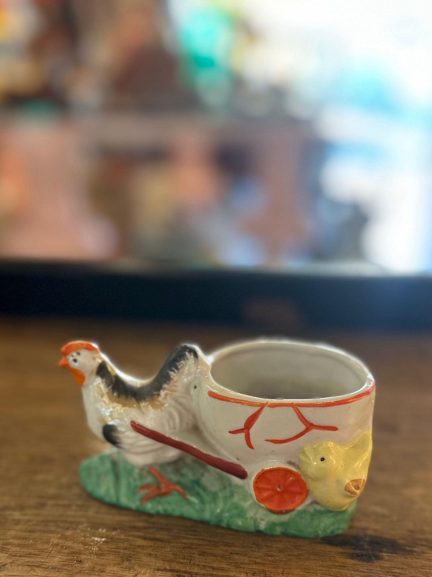 Vintage Ceramic Chicken Pulling Cart Egg Cup Planter | Made in Japan Mid-Century Kitsch