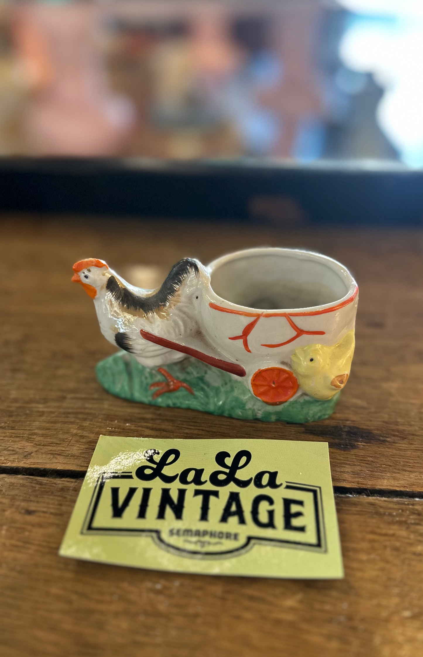 Vintage Ceramic Chicken Pulling Cart Egg Cup Planter | Made in Japan Mid-Century Kitsch