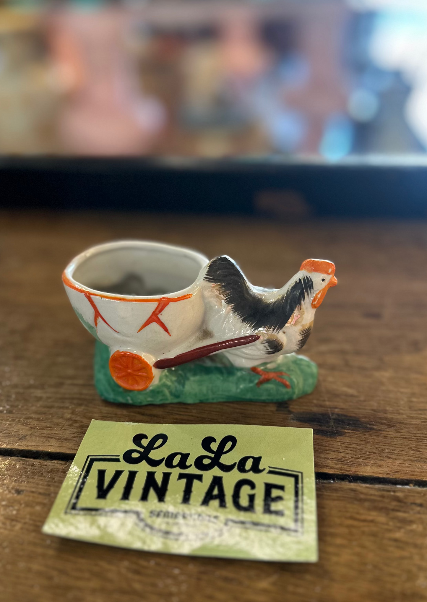 Vintage Ceramic Chicken Pulling Cart Egg Cup Planter | Made in Japan Mid-Century Kitsch