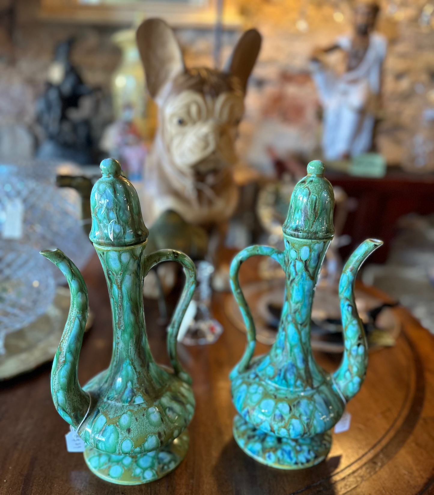 Vintage Mid-Century Turquoise Green Drip Glaze Ceramic Ewers - Pair of Retro Decanters with Stoppers