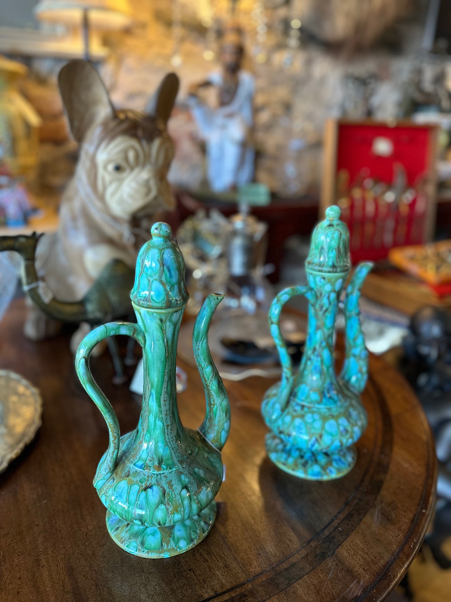 Vintage Mid-Century Turquoise Green Drip Glaze Ceramic Ewers - Pair of Retro Decanters with Stoppers