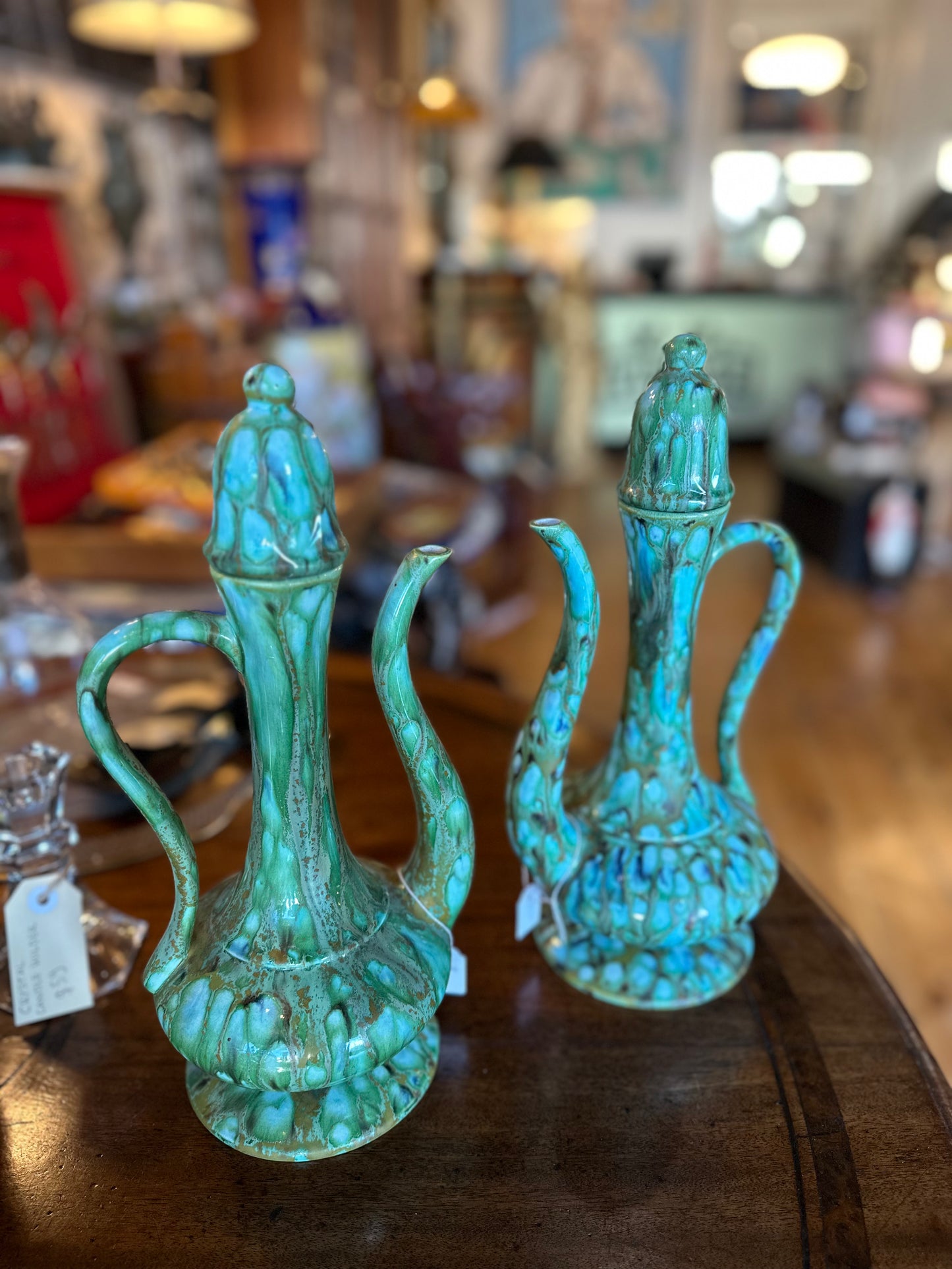Vintage Mid-Century Turquoise Green Drip Glaze Ceramic Ewers - Pair of Retro Decanters with Stoppers