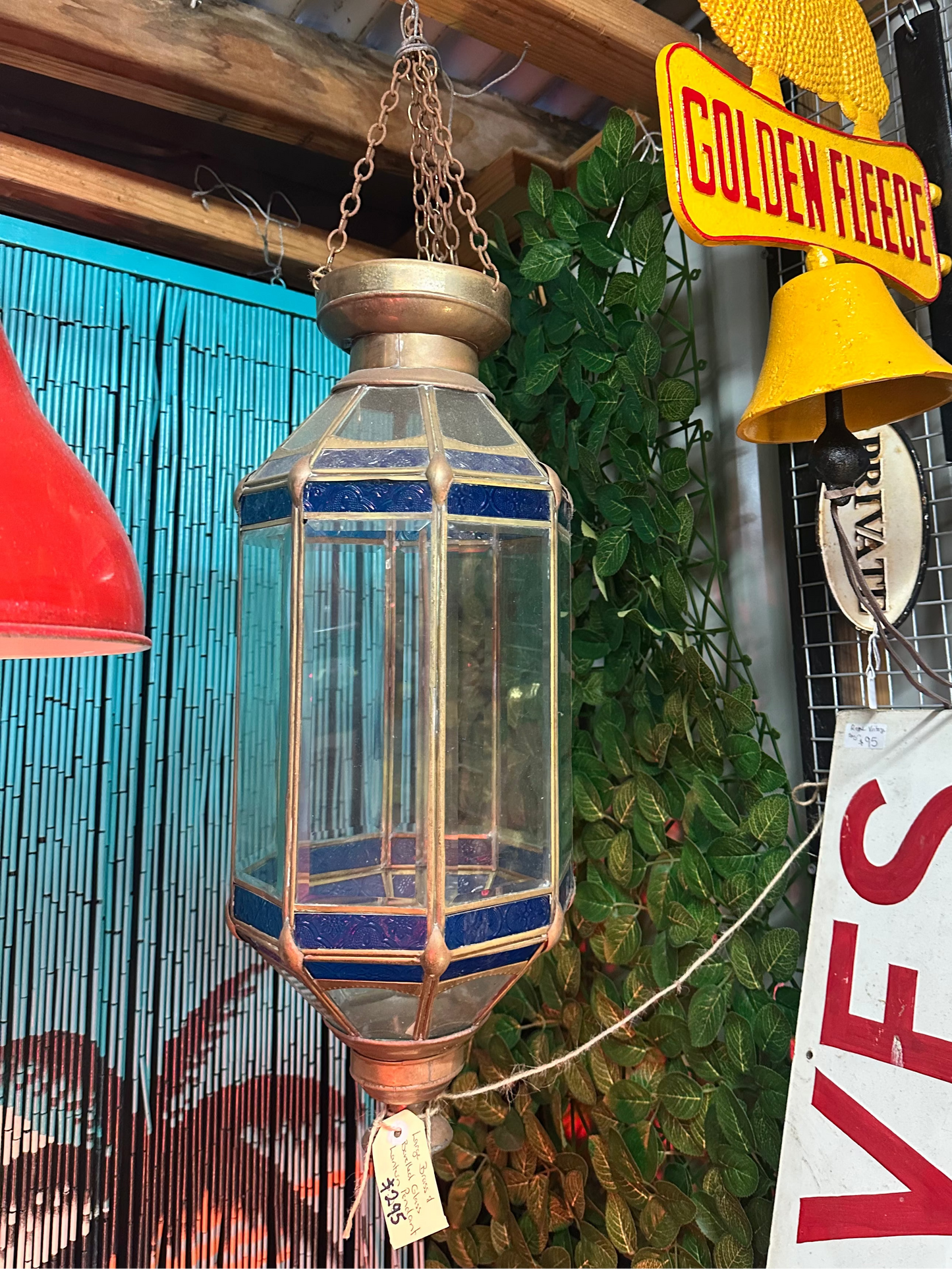 Vintage Brass and Blue Bevelled Glass Hexagonal Pendant Lantern Light