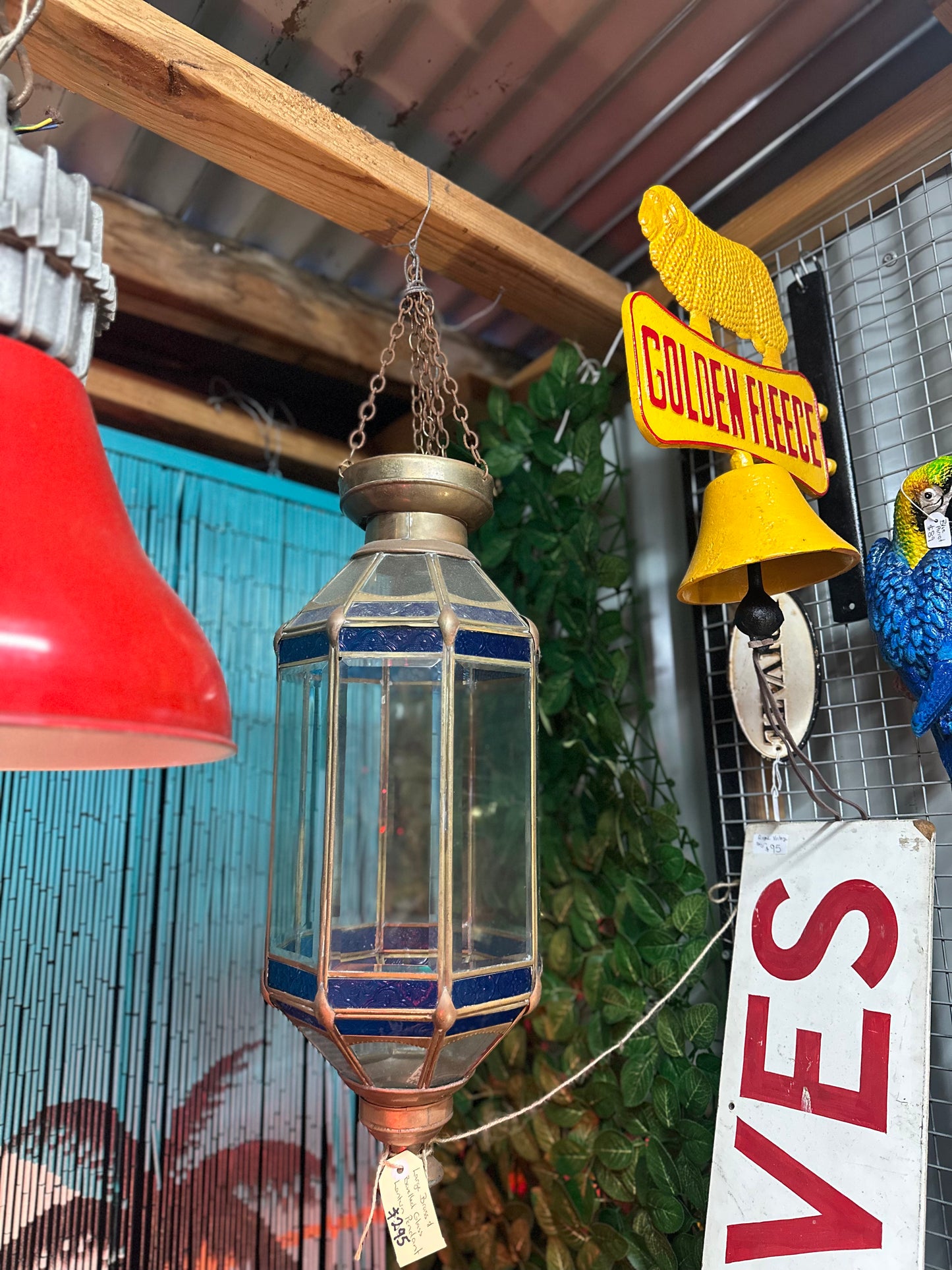 Vintage Brass and Blue Bevelled Glass Hexagonal Pendant Lantern Light
