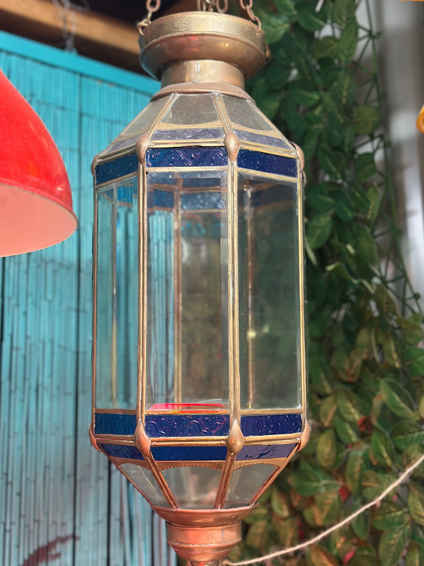 Vintage Brass and Blue Bevelled Glass Hexagonal Pendant Lantern Light