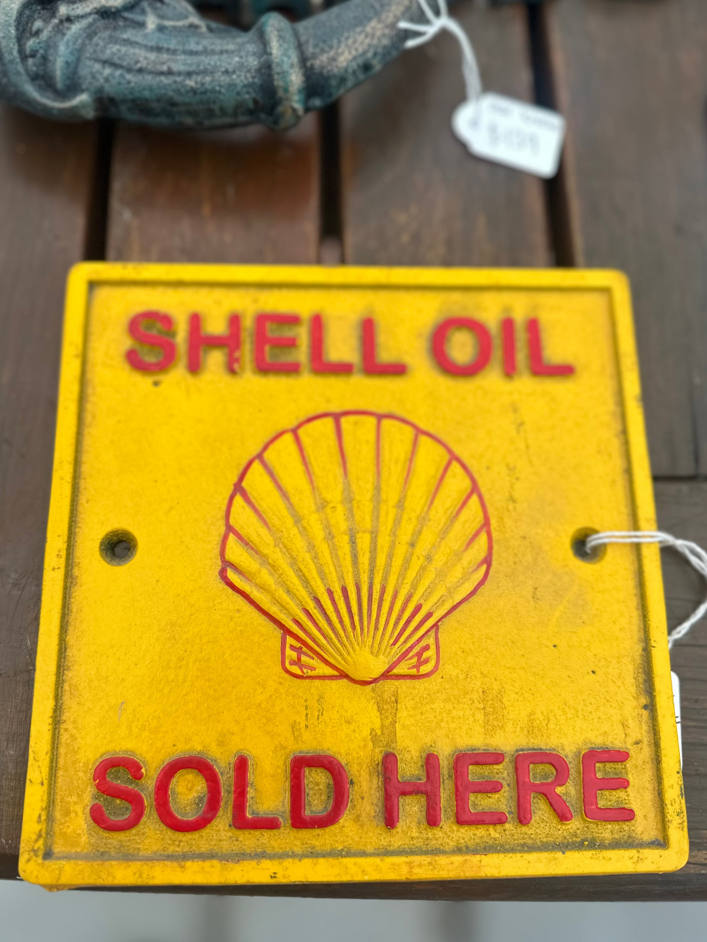 Vintage Style Shell Oil Sold Here Cast Iron Sign | Hand-Painted Retro Garagenalia Plaque