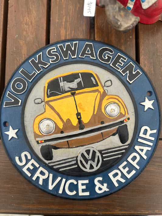 Vintage Style Cast Iron Volkswagen Service & Repair Sign - Yellow VW Beetle Garage Wall Decor