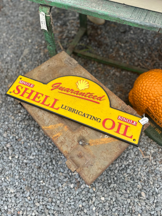 Vintage Style Cast Iron Shell Lubricating Oil Sign | Hand-Painted Garagenalia Decor