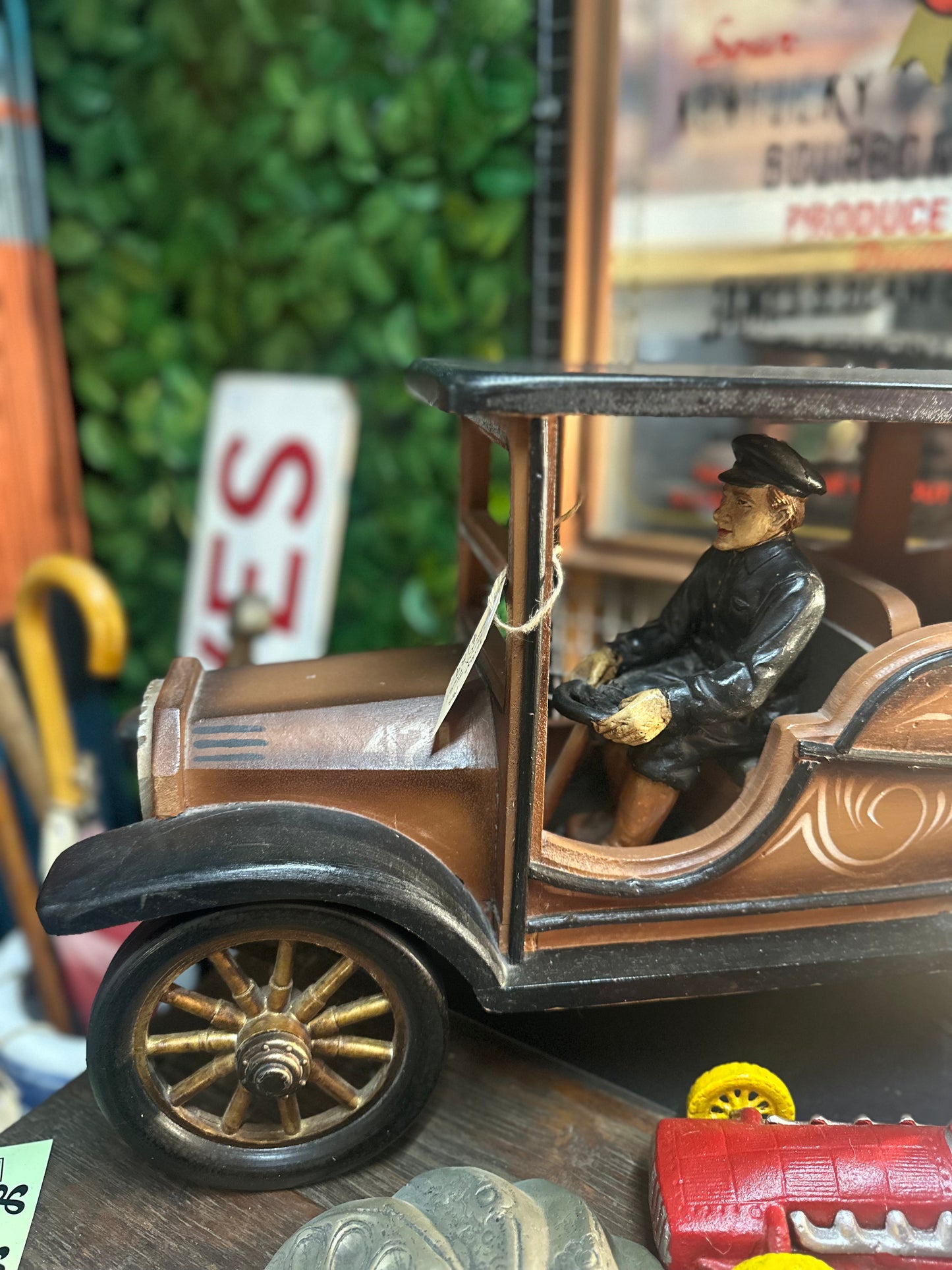 Vintage 1913 Touring Car Handcrafted Wooden Model with Driver