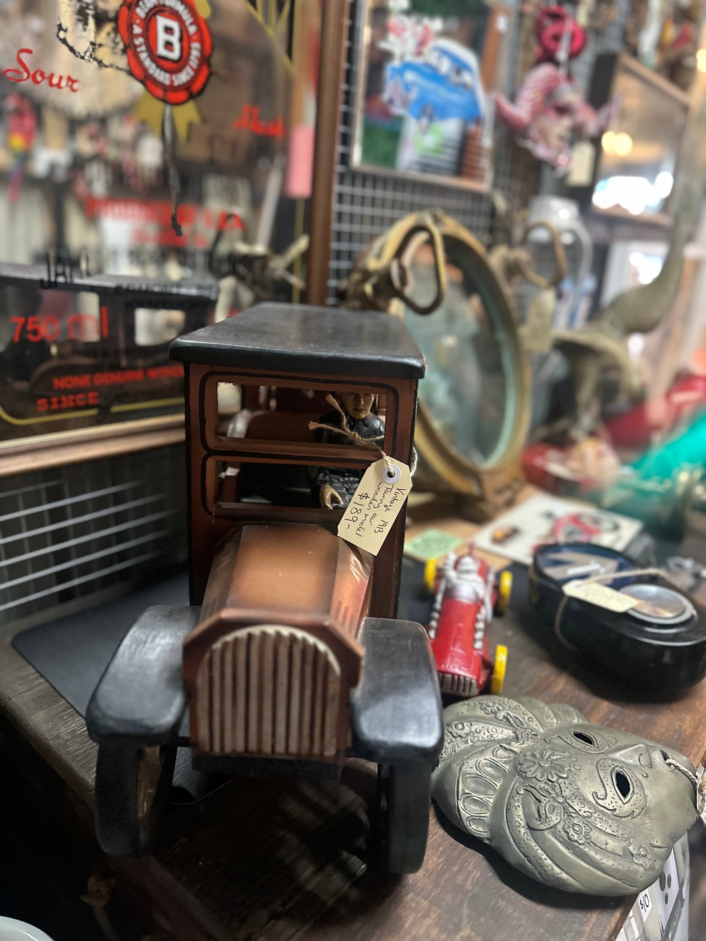 Vintage 1913 Touring Car Handcrafted Wooden Model with Driver