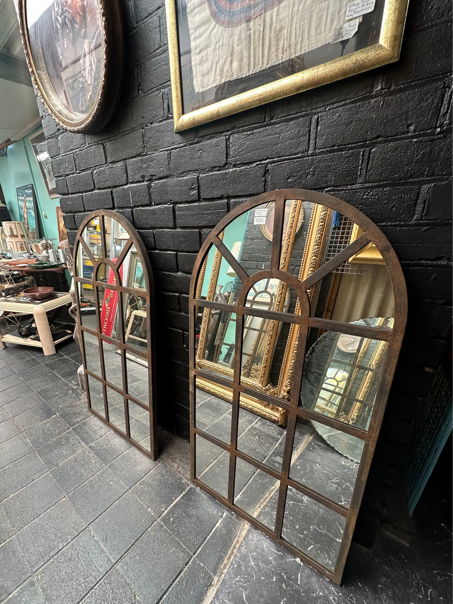 Vintage Industrial Wrought Iron Arched Window Mirror - 120cm x 65cm