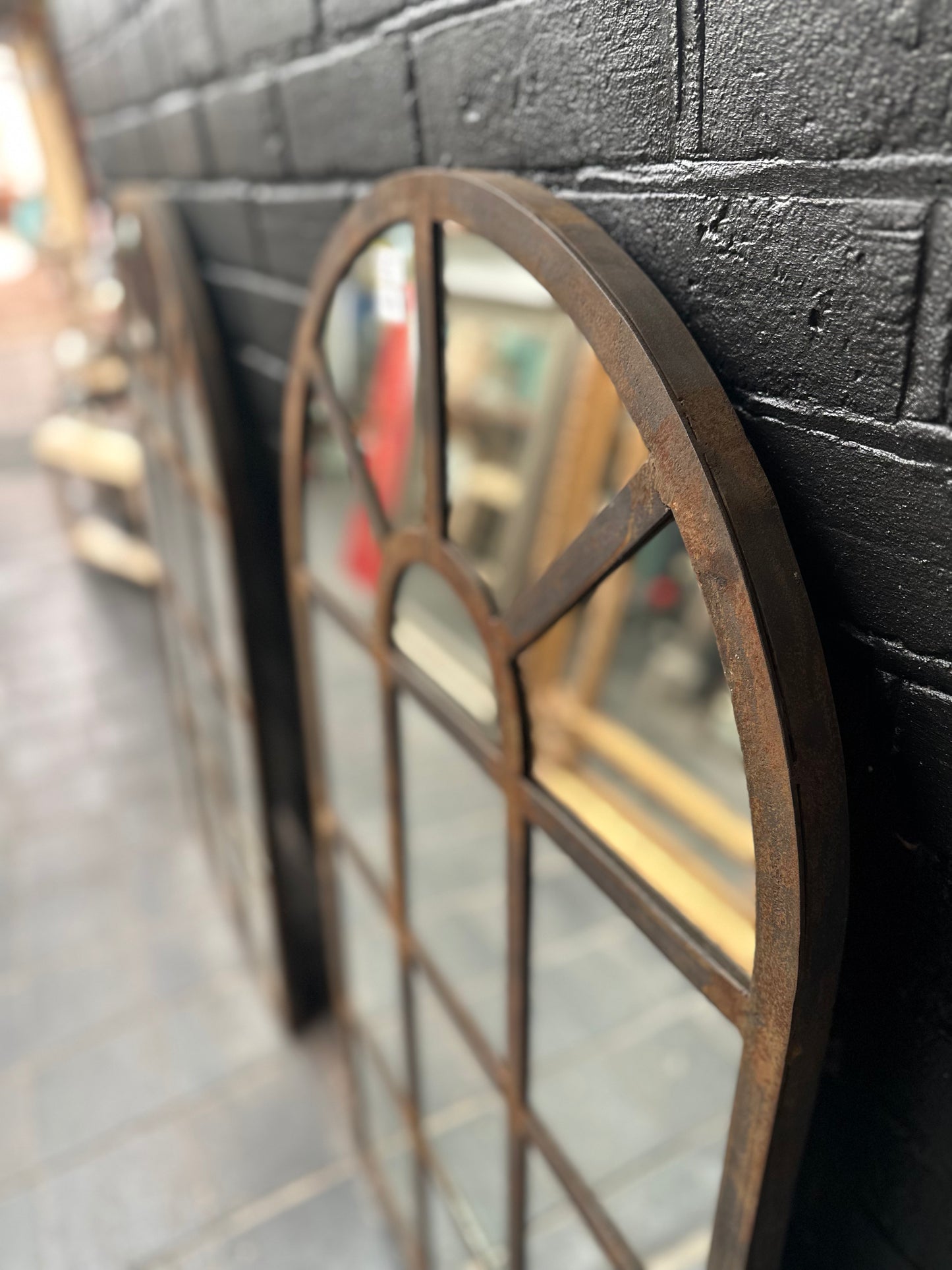 Vintage Industrial Wrought Iron Arched Window Mirror - 120cm x 65cm