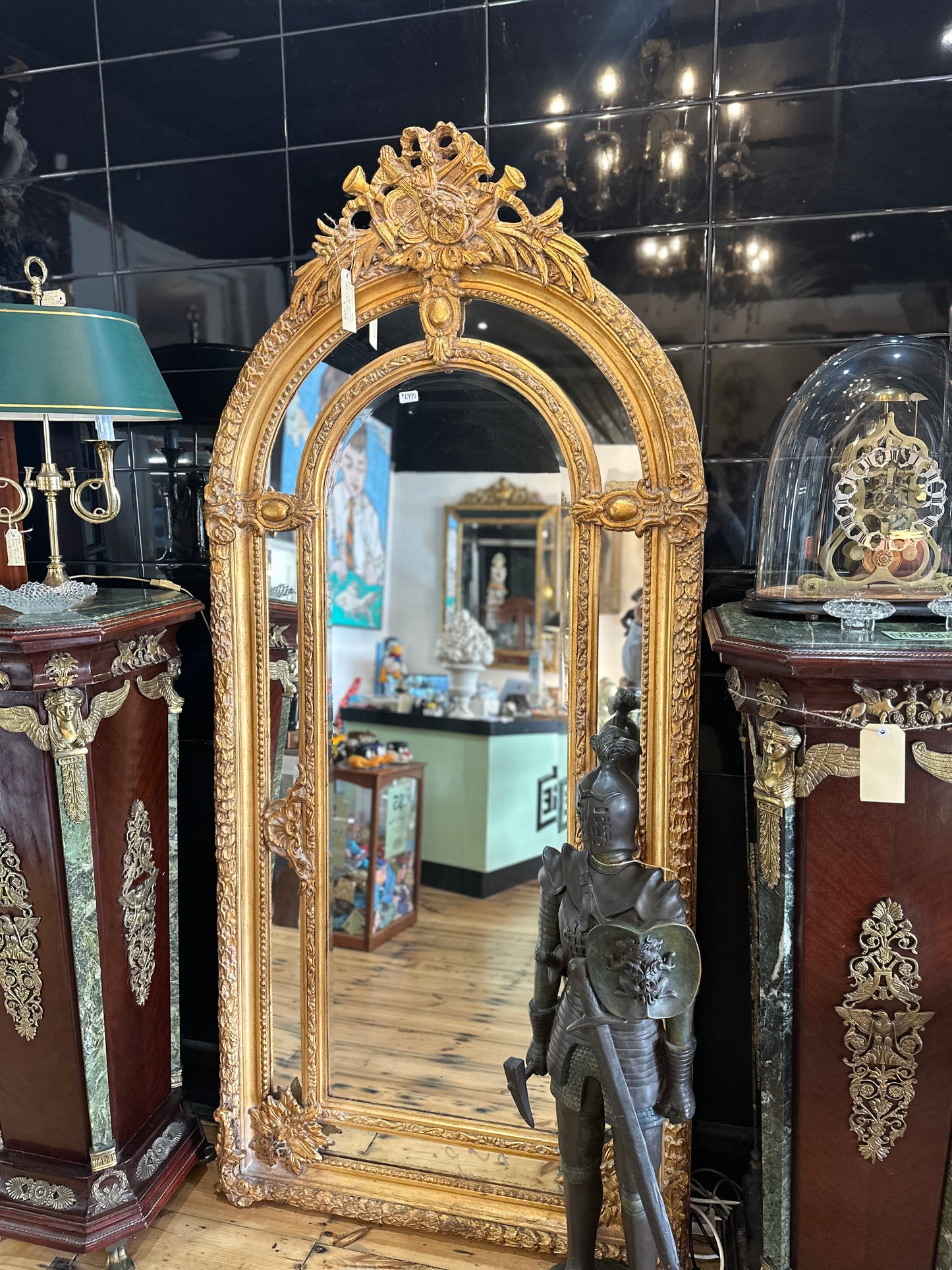 Large Ornate Gilt French Style Arch Mirror with Musical Trophy Crest & Bevelled Edge | 213cm x 99cm