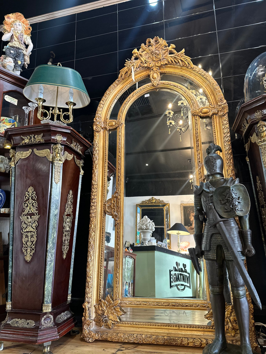 Large Ornate Gilt French Style Arch Mirror with Musical Trophy Crest & Bevelled Edge | 213cm x 99cm