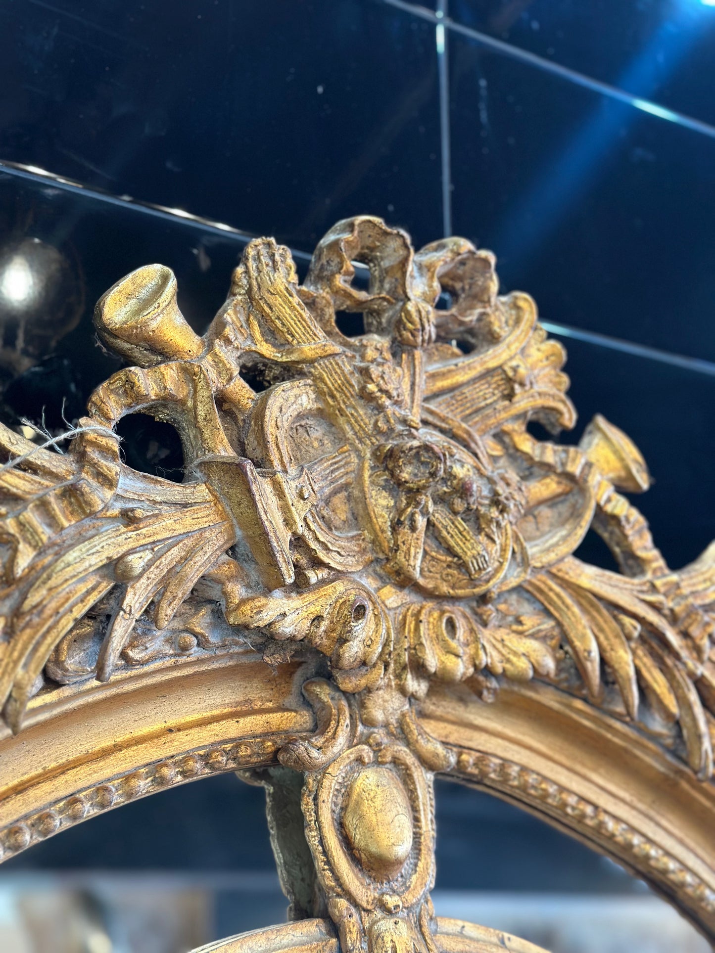 Large Ornate Gilt French Style Arch Mirror with Musical Trophy Crest & Bevelled Edge | 213cm x 99cm