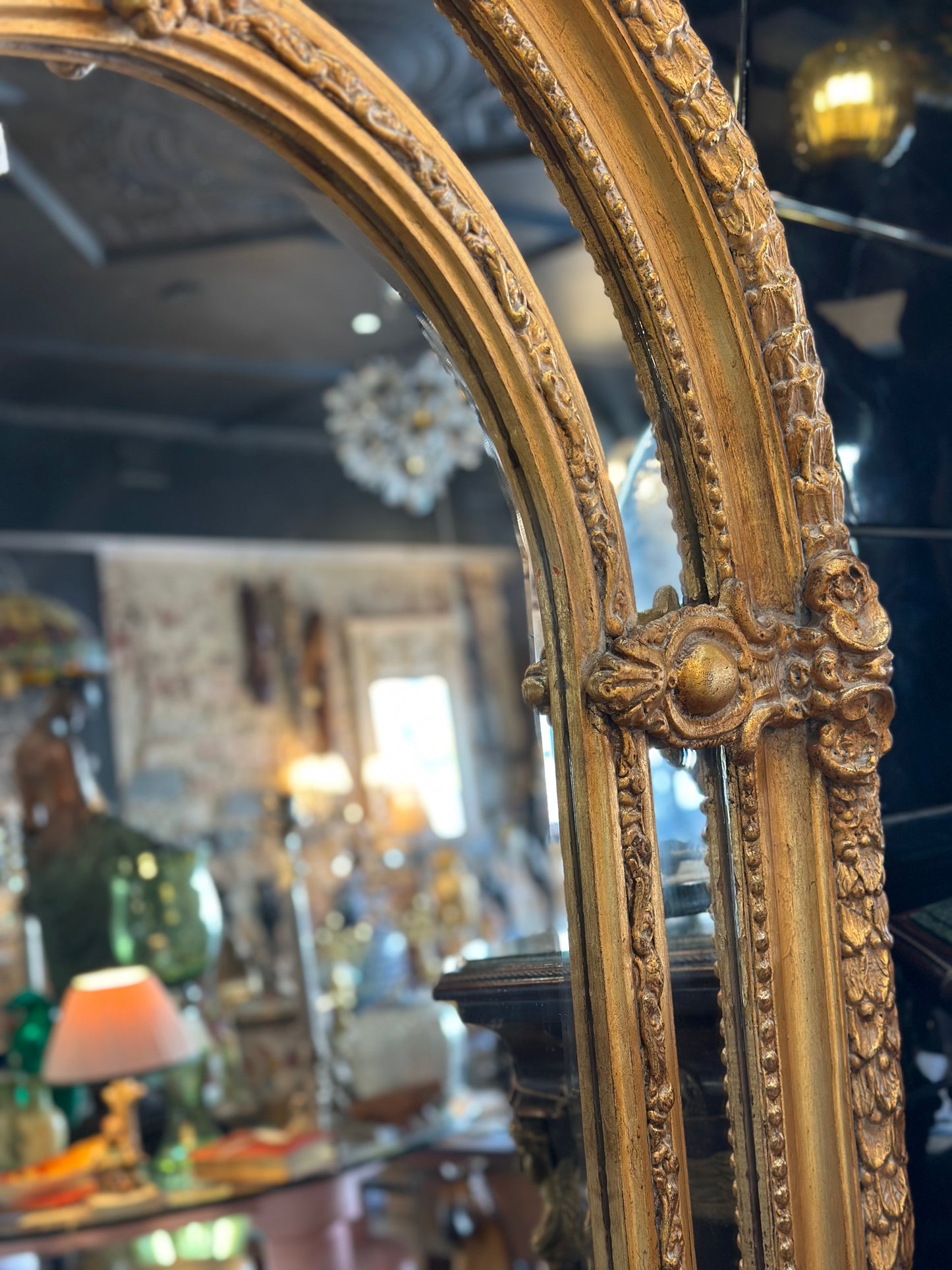 Large Ornate Gilt French Style Arch Mirror with Musical Trophy Crest & Bevelled Edge | 213cm x 99cm