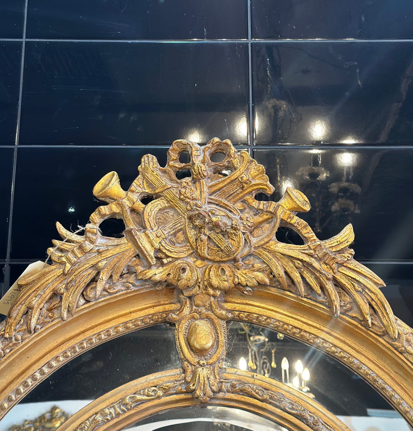 Large Ornate Gilt French Style Arch Mirror with Musical Trophy Crest & Bevelled Edge | 213cm x 99cm