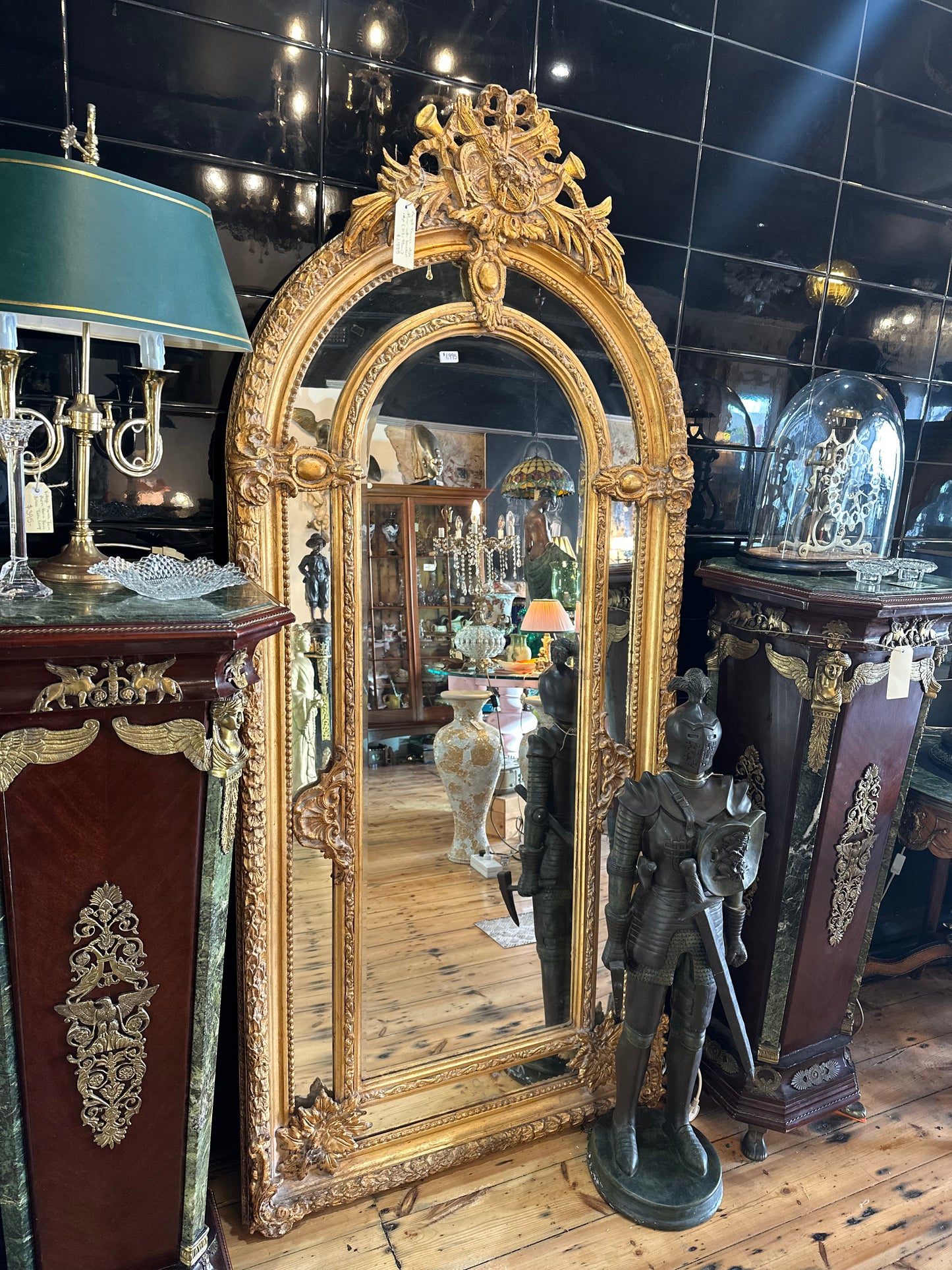 Large Ornate Gilt French Style Arch Mirror with Musical Trophy Crest & Bevelled Edge | 213cm x 99cm