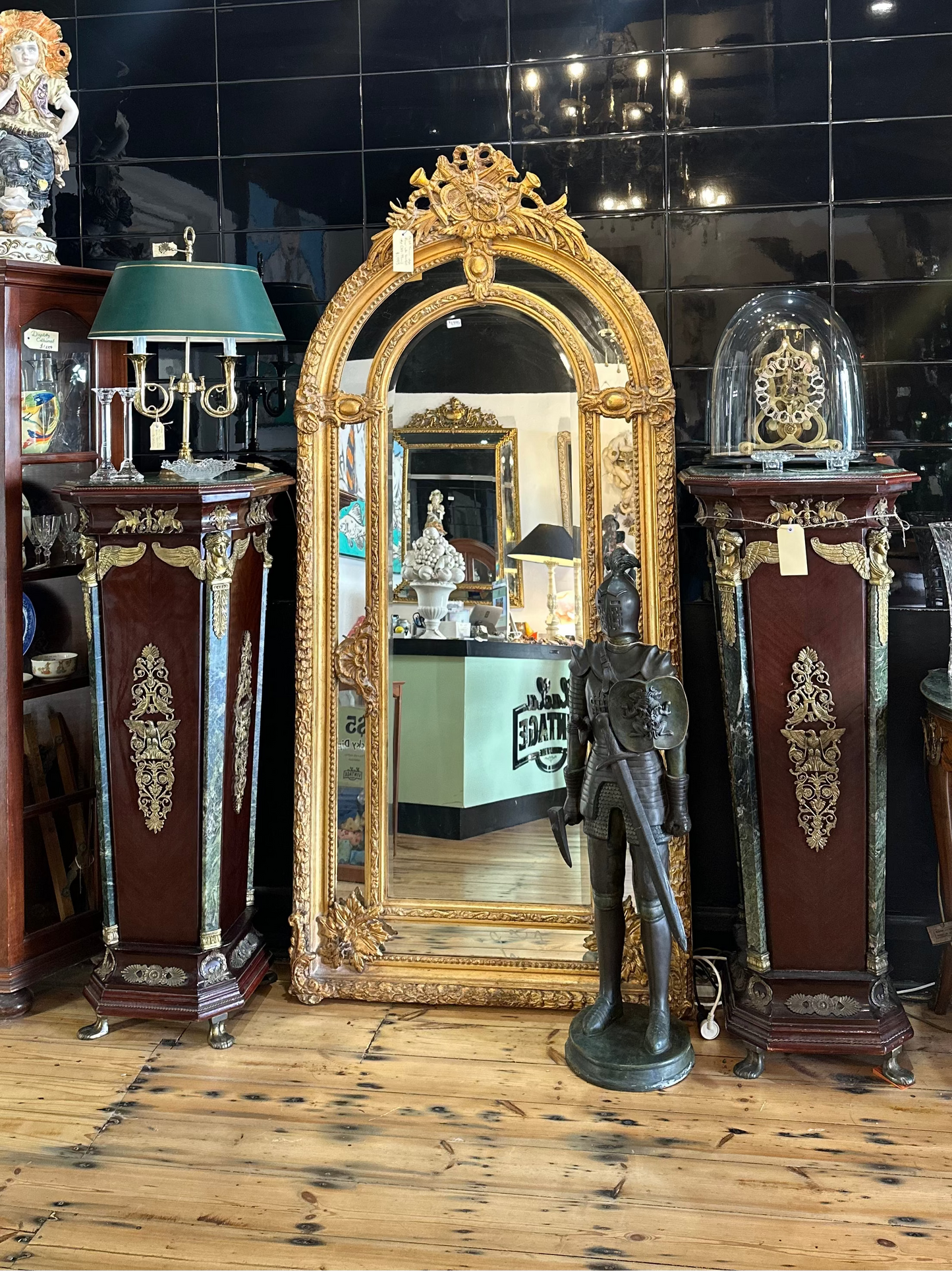 Large Ornate Gilt French Style Arch Mirror with Musical Trophy Crest & Bevelled Edge | 213cm x 99cm