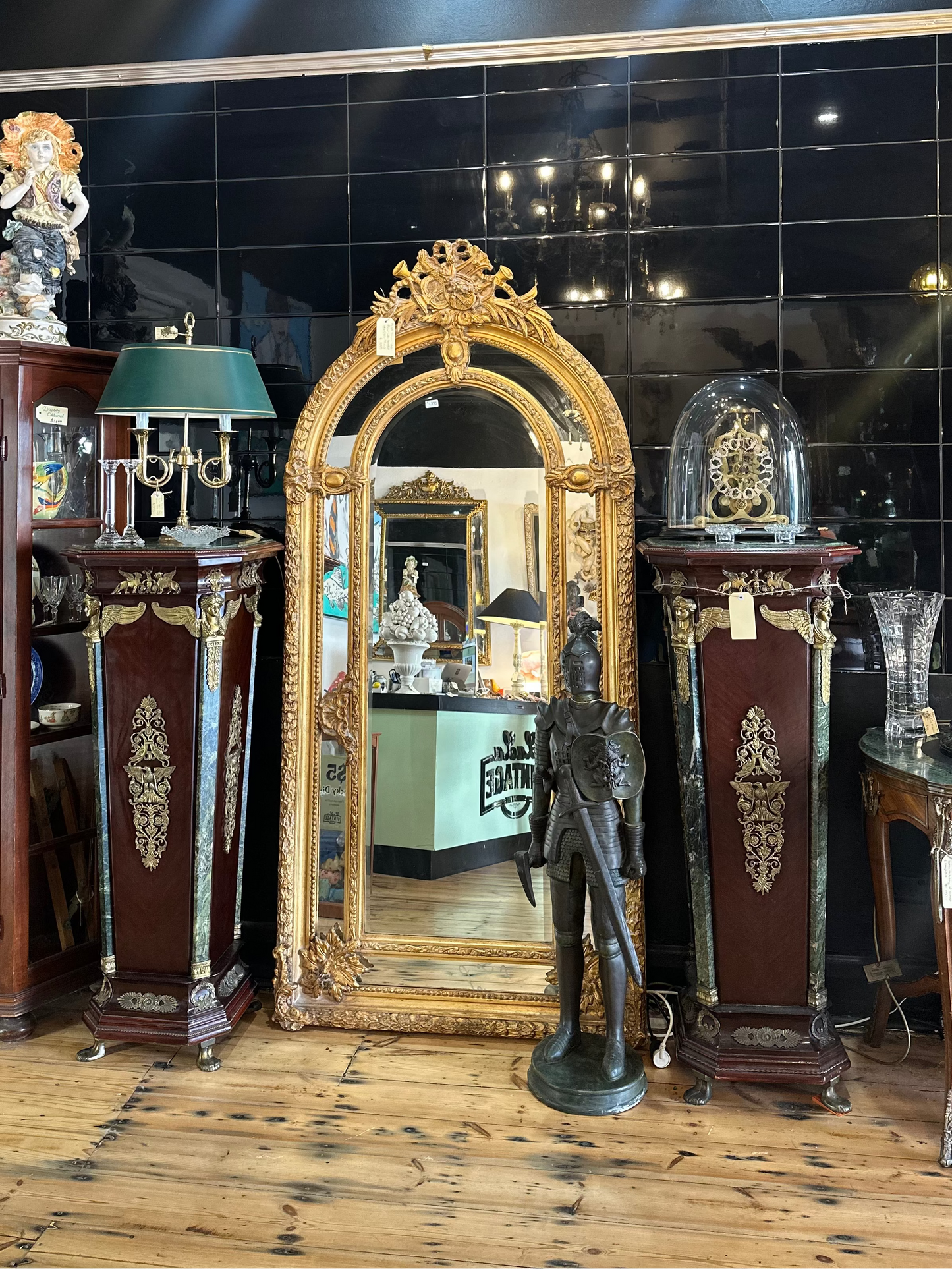 French Empire Style Pedestal with Green Marble Top & Brass Ormolu Mounts