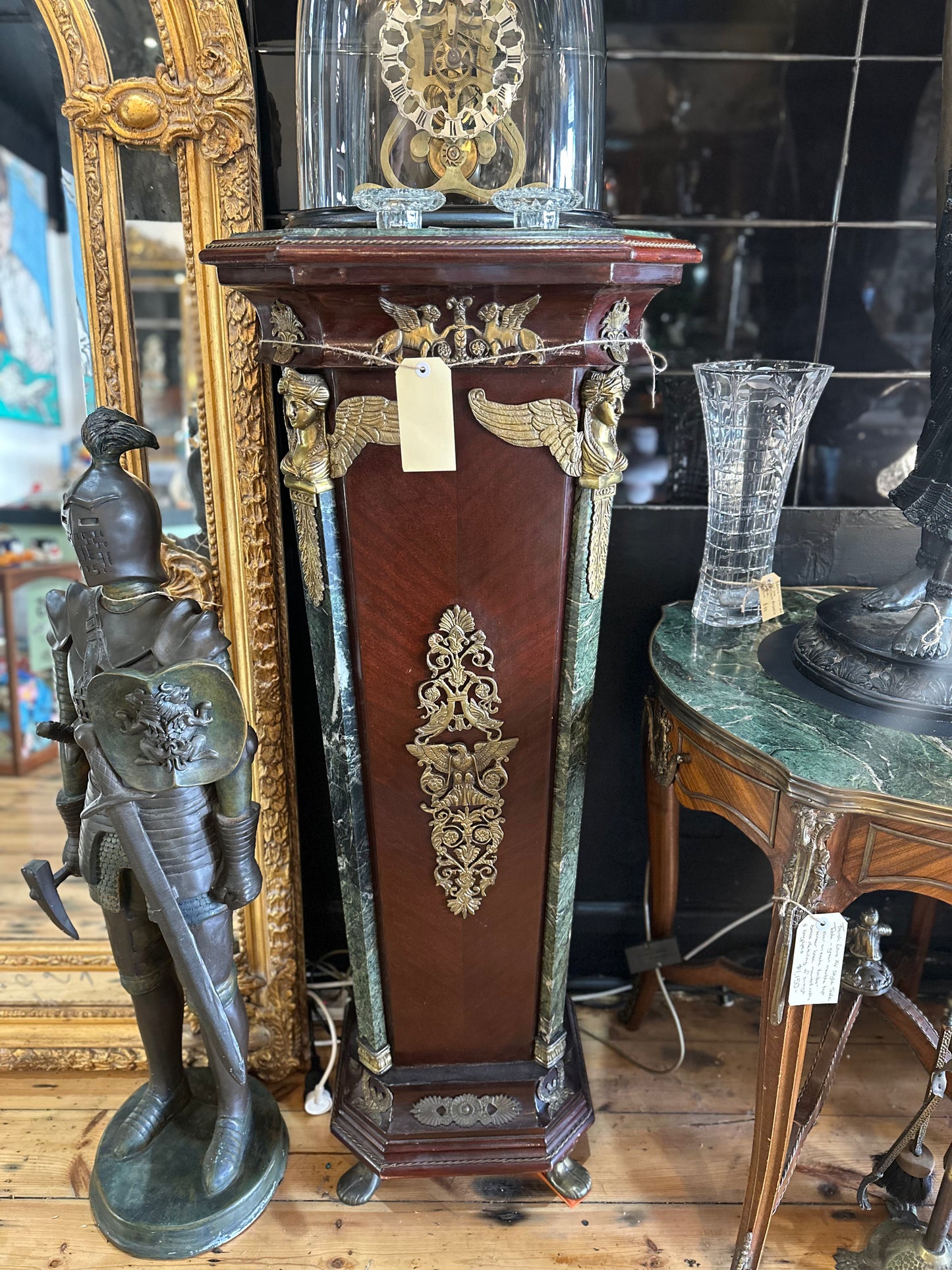 French Empire Style Pedestal with Green Marble Top & Brass Ormolu Mounts