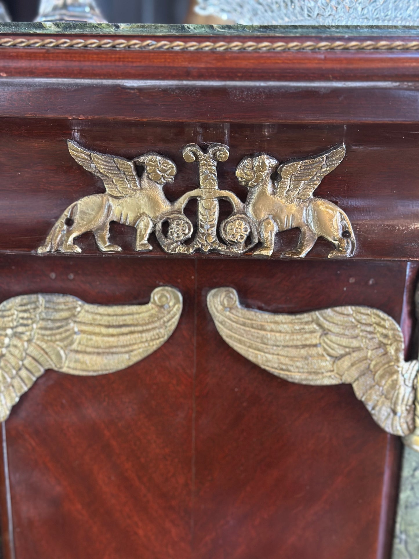 French Empire Style Pedestal with Green Marble Top & Brass Ormolu Mounts