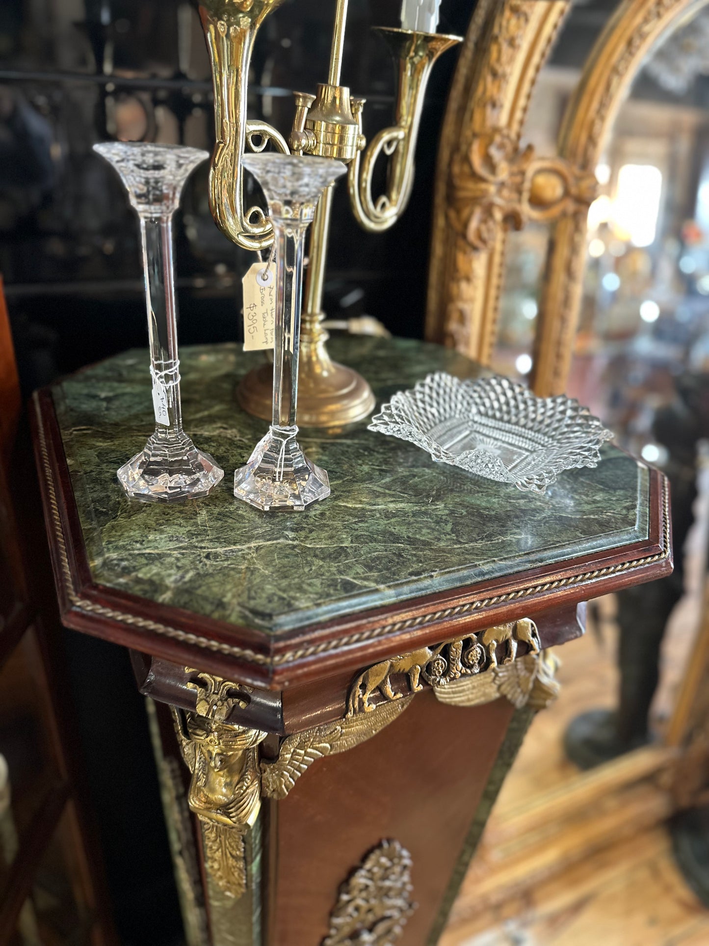 French Empire Style Pedestal with Green Marble Top & Brass Ormolu Mounts
