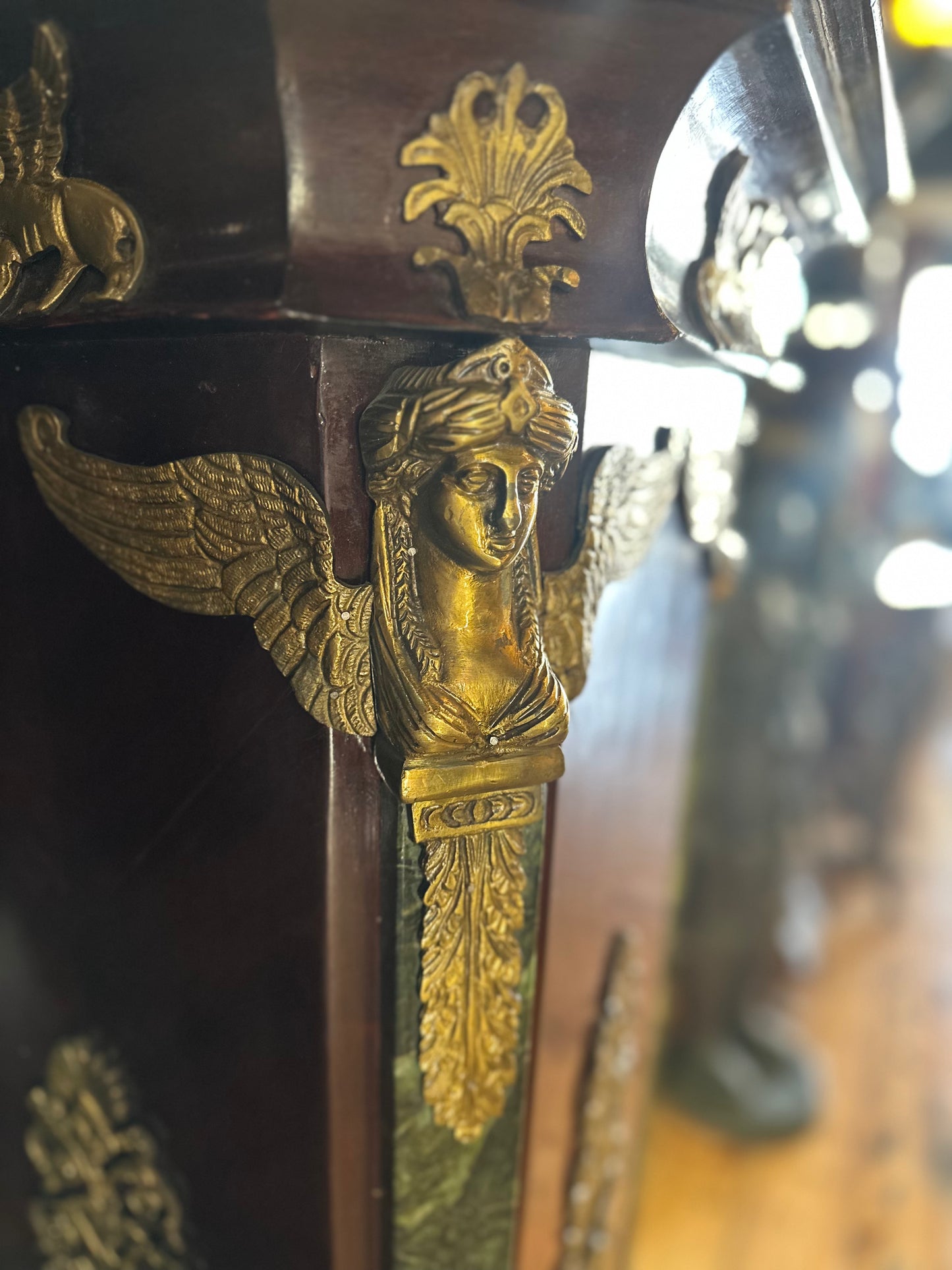 French Empire Style Pedestal with Green Marble Top & Brass Ormolu Mounts