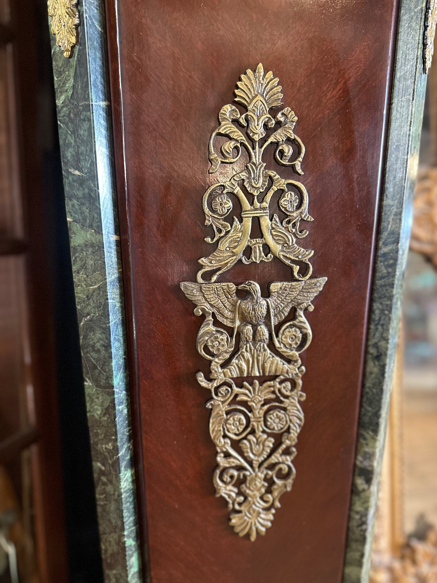 French Empire Style Pedestal with Green Marble Top & Brass Ormolu Mounts