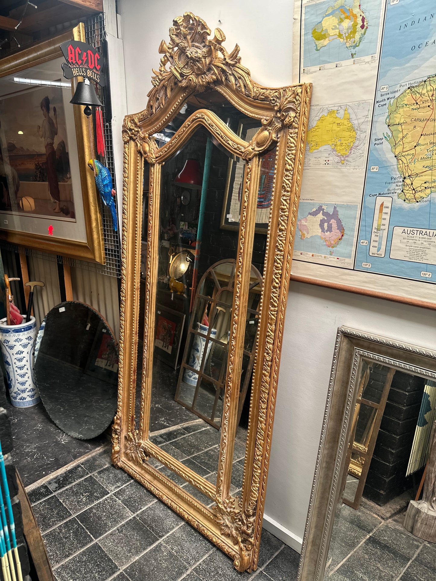 Large Ornate Gilt French Style Floor Mirror with Musical Trophy Crest