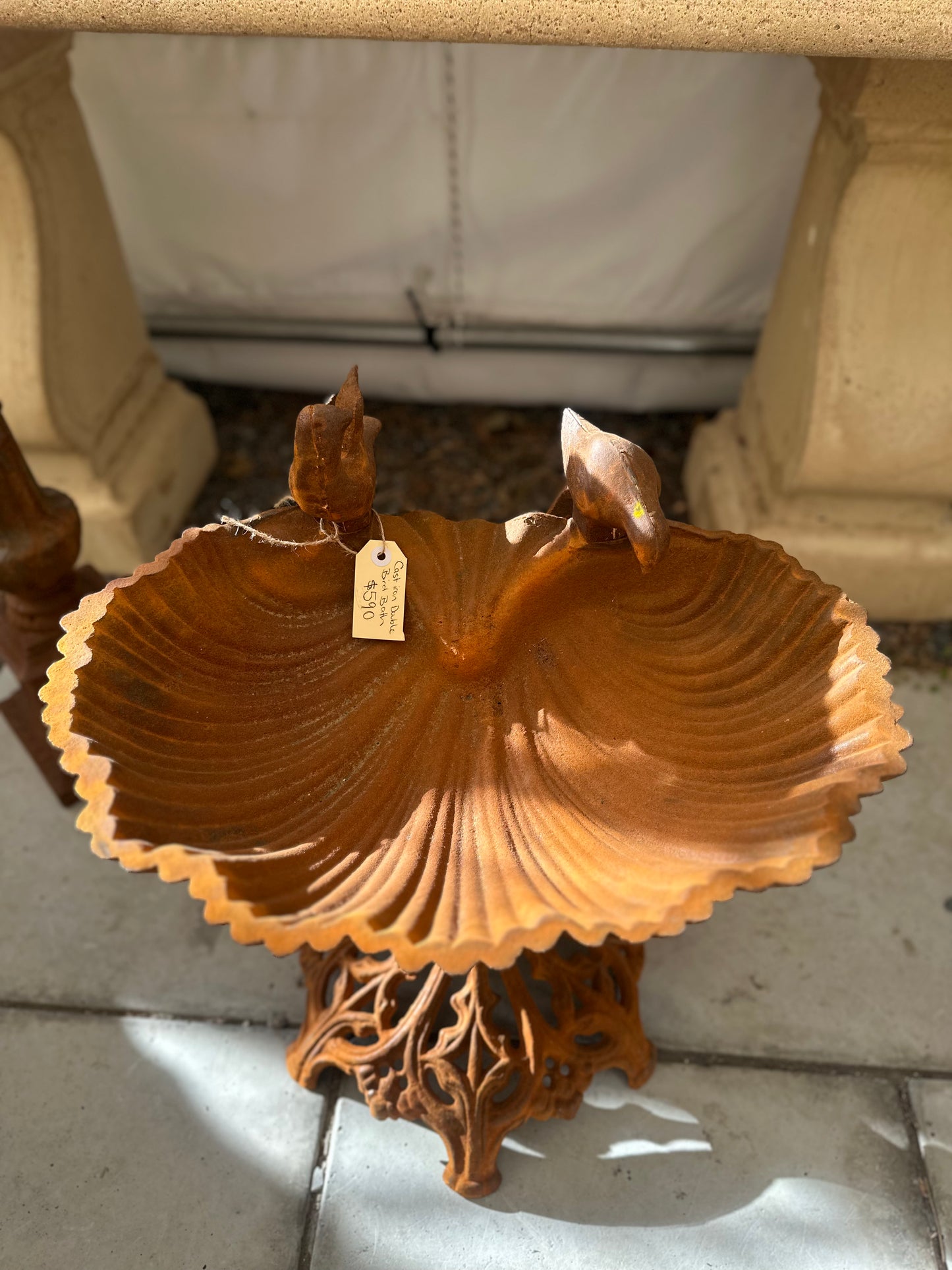 Vintage Style Cast Iron Double Bird Bath | Ornate Scallop Shell Garden Feeder