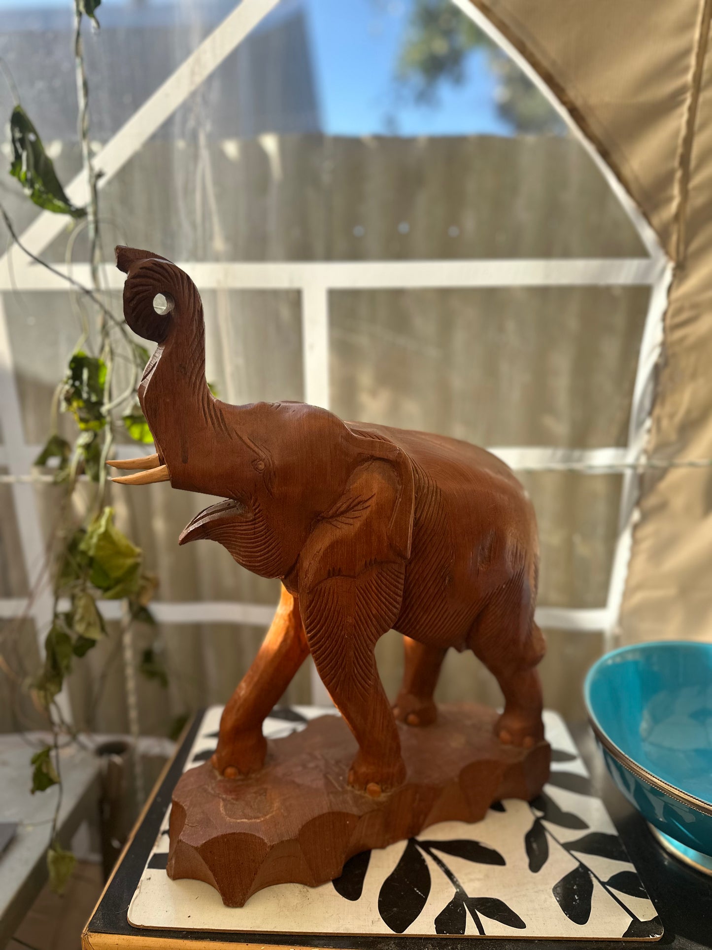 Vintage Hand-Carved Wooden Elephant Statue with Raised Trunk | Mid-Century Teak Wood Sculpture