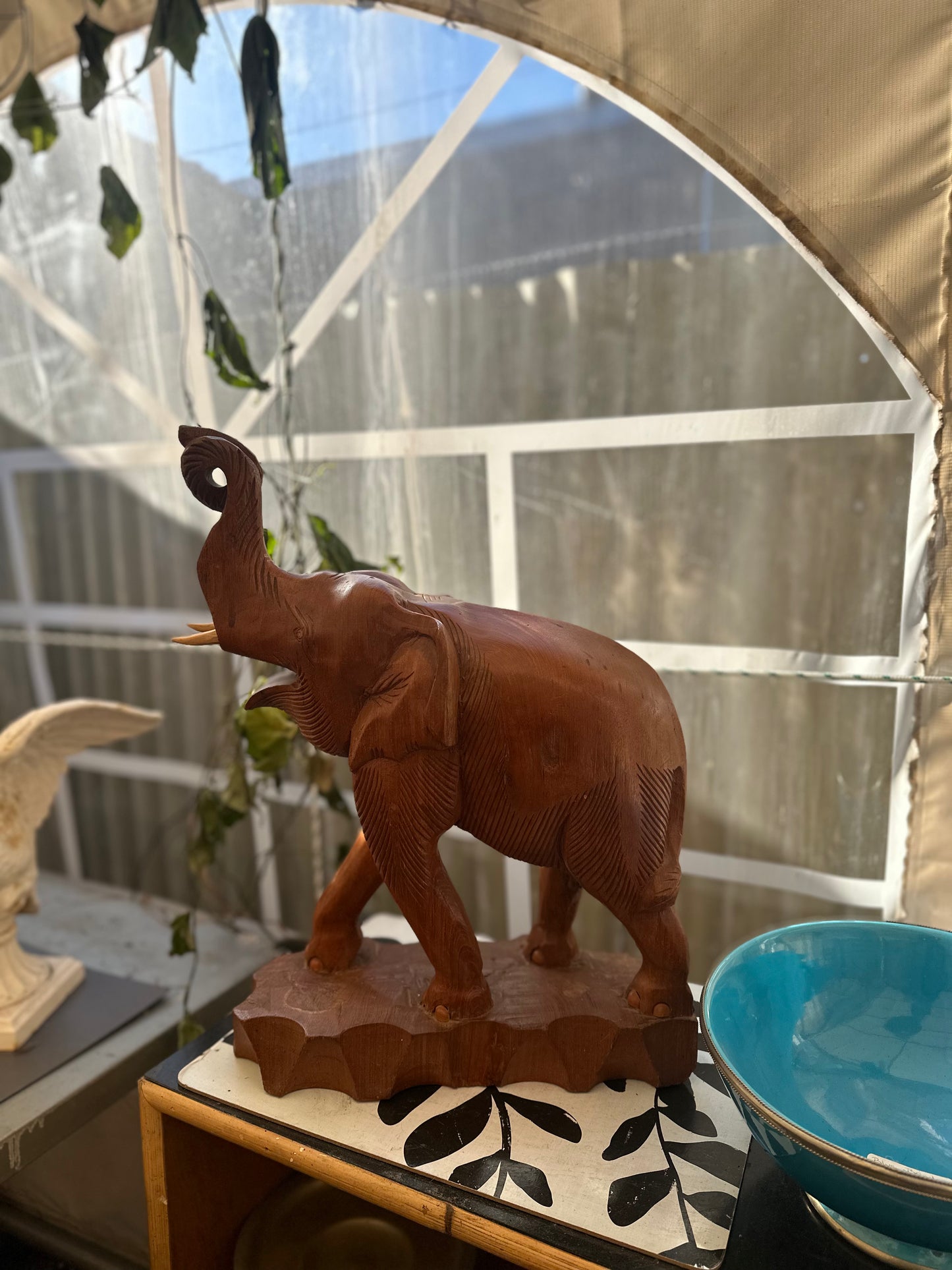 Vintage Hand-Carved Wooden Elephant Statue with Raised Trunk | Mid-Century Teak Wood Sculpture