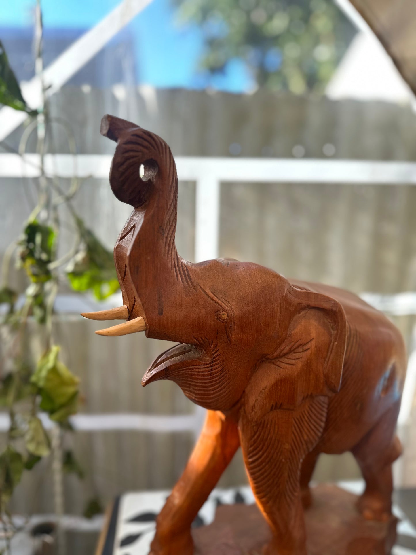 Vintage Hand-Carved Wooden Elephant Statue with Raised Trunk | Mid-Century Teak Wood Sculpture