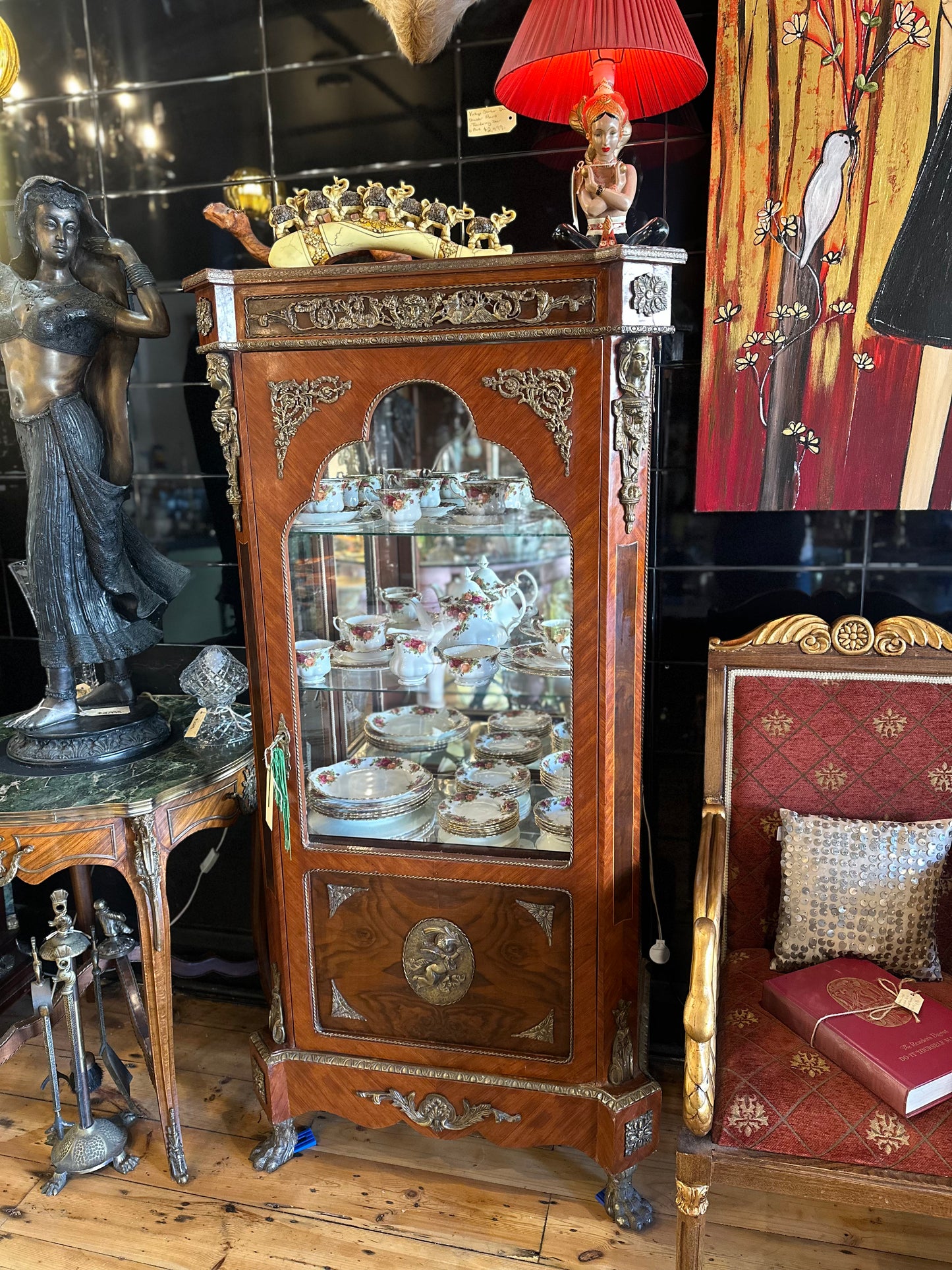 Vintage French Louis XVI Style Walnut Vitrine Cabinet | Ormolu Display Curio