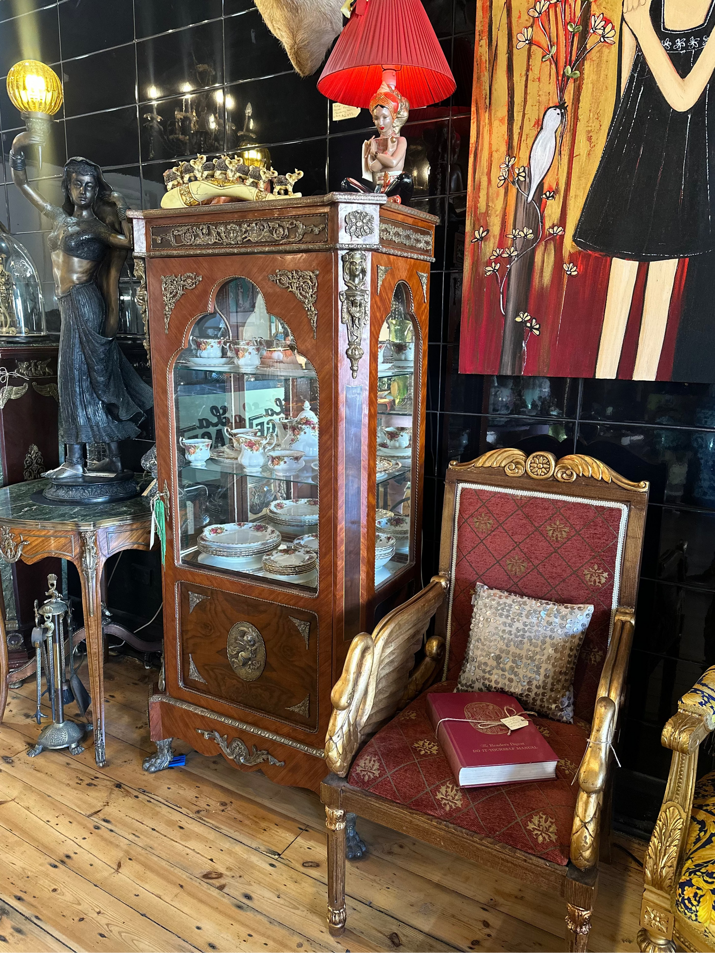 Vintage French Louis XVI Style Walnut Vitrine Cabinet | Ormolu Display Curio
