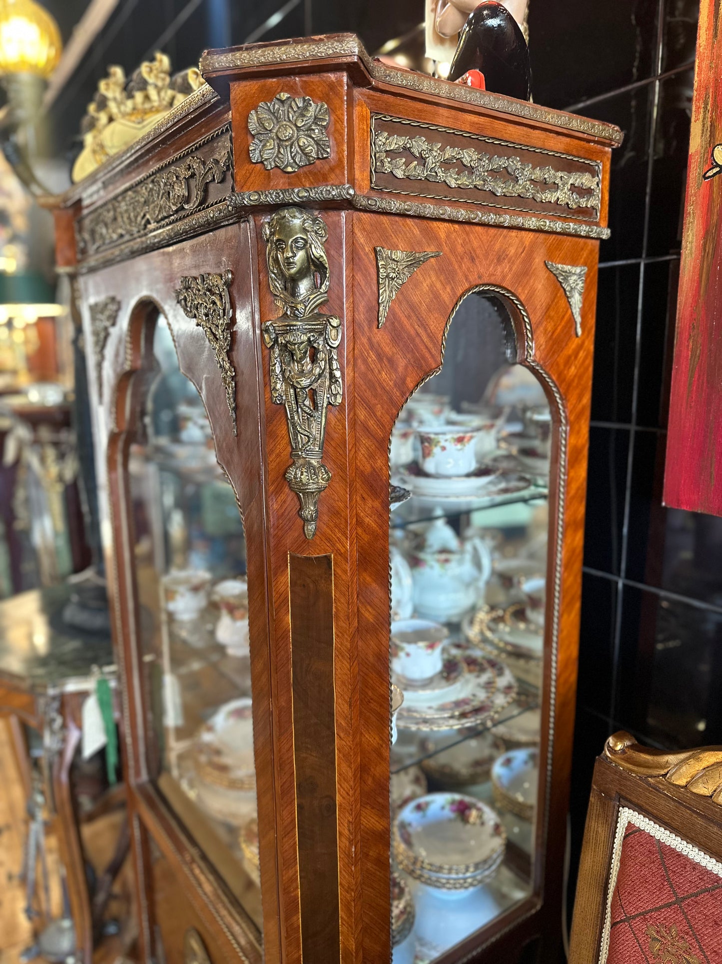 Vintage French Louis XVI Style Walnut Vitrine Cabinet | Ormolu Display Curio